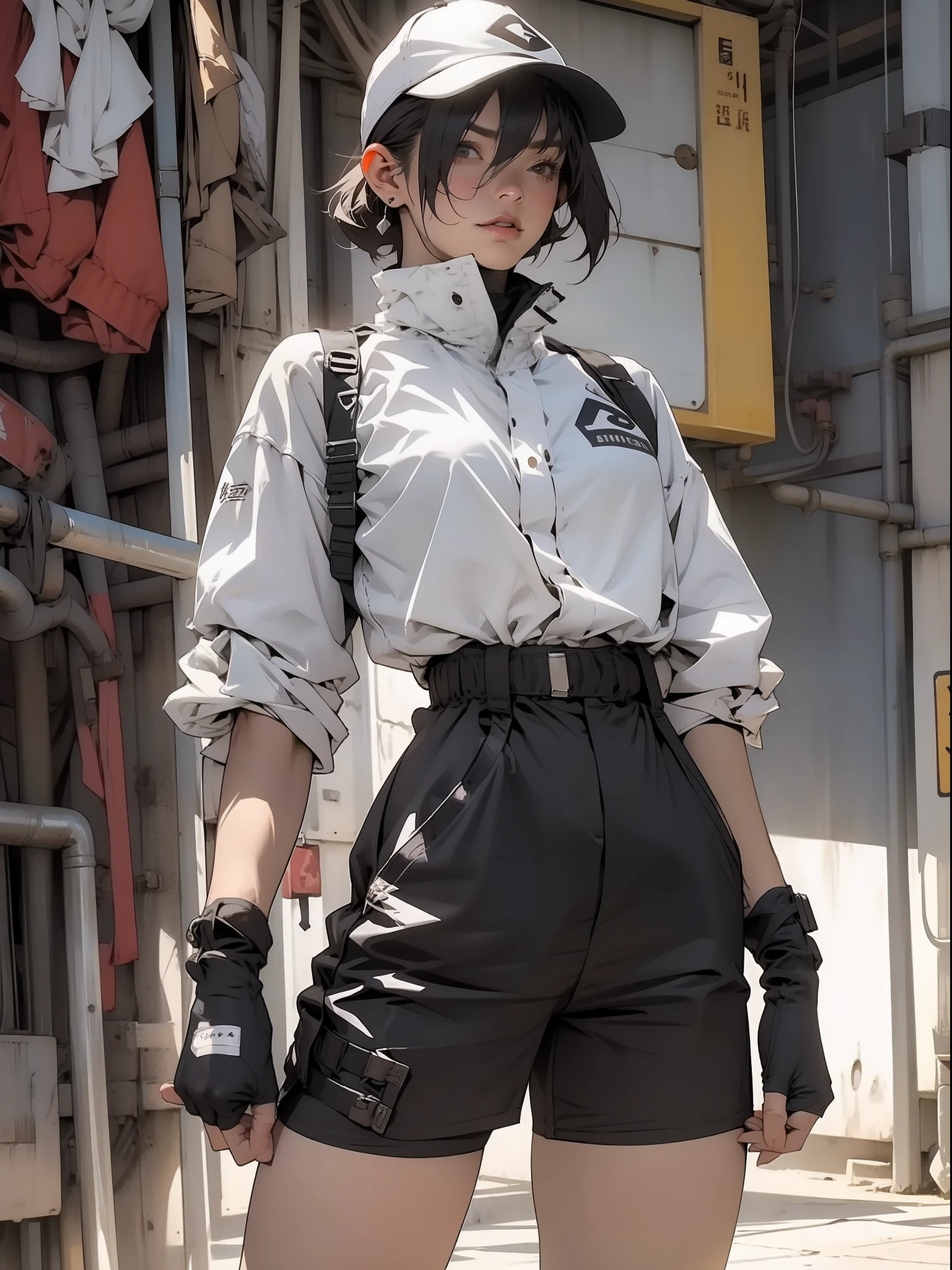 nijistyle, A muscular 35-year-old woman working hard in a nearly naked steel industry in Simon Bisley style, She wears a cap, ((( cabelo curto))), (((short cut))), Minimum clothing, Tiny thong, Nijistyle