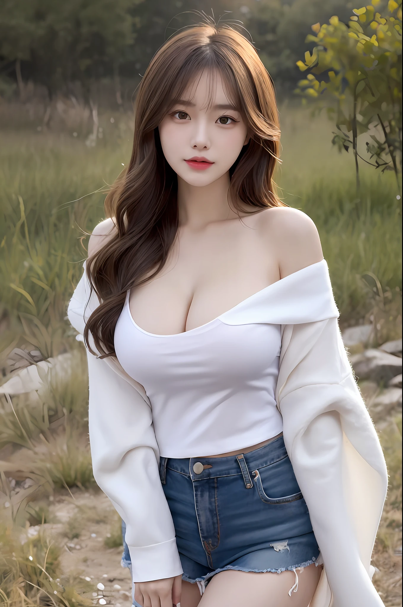 ((realistic raytraicing,Best Quority,8K,a masterpiece of:1.3)),1girl huge large breasts,Little moles under the eyes,ssmile,,Small moles on the breast,Pretty woman with slender figure:1.4,Abs:1.1,Korea,paleskin,(Floating wavy silky yellow hair,Breezy hair,Big_breasts:1),(Deep_Cleavage),white offshoulder shirt:1.2,long sleeves wet by wind,(Sweaty wet skin:1.3),standingn,Mountain night, campfire light, Super delicate face, finely-detailed eyes, 双眼皮, shiny skins, cowboy lens,(Wear a white miniskirt,Wear long white stockings:1.2