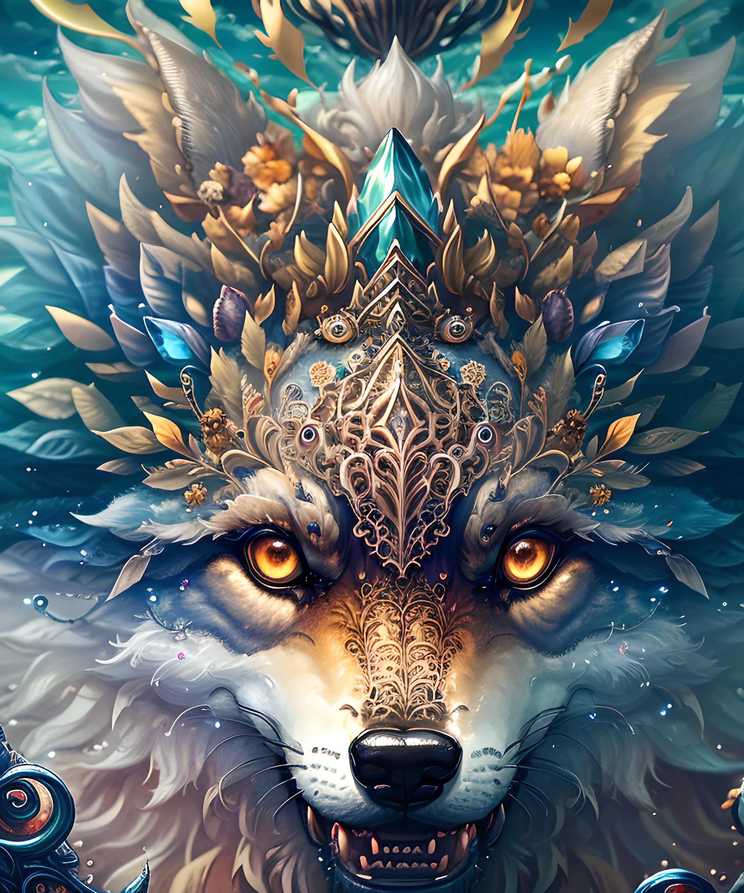 (masterpiece), best surreal closeup of a majestic wolf, mystical and otherworldly, with intricate fur and piercing eyes, in the breathtaking mountain landscape of NCWinters.