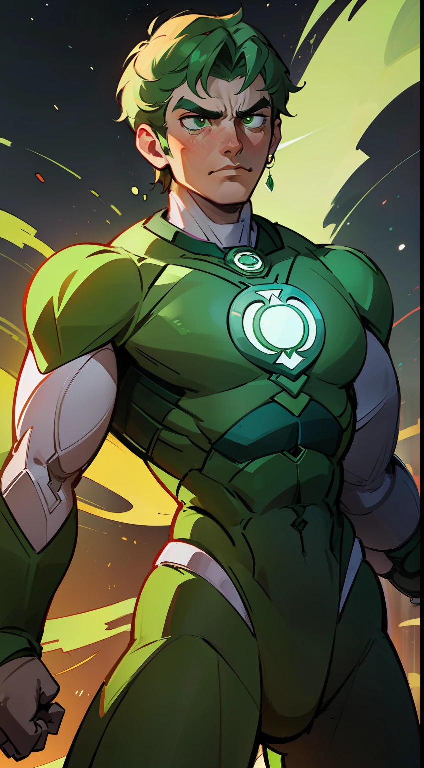 An epic masterpiece of the Green Lantern Corps, rendered in ultra-detailed CG and best quality imagery. Featuring the iconic emerald light, beautiful luminosity, and dynamic pose of the Green Lantern, set against a dark and intense background. The scene captures the heroic essence of the Green Lantern, as he stands resolute against the dangers of the universe.