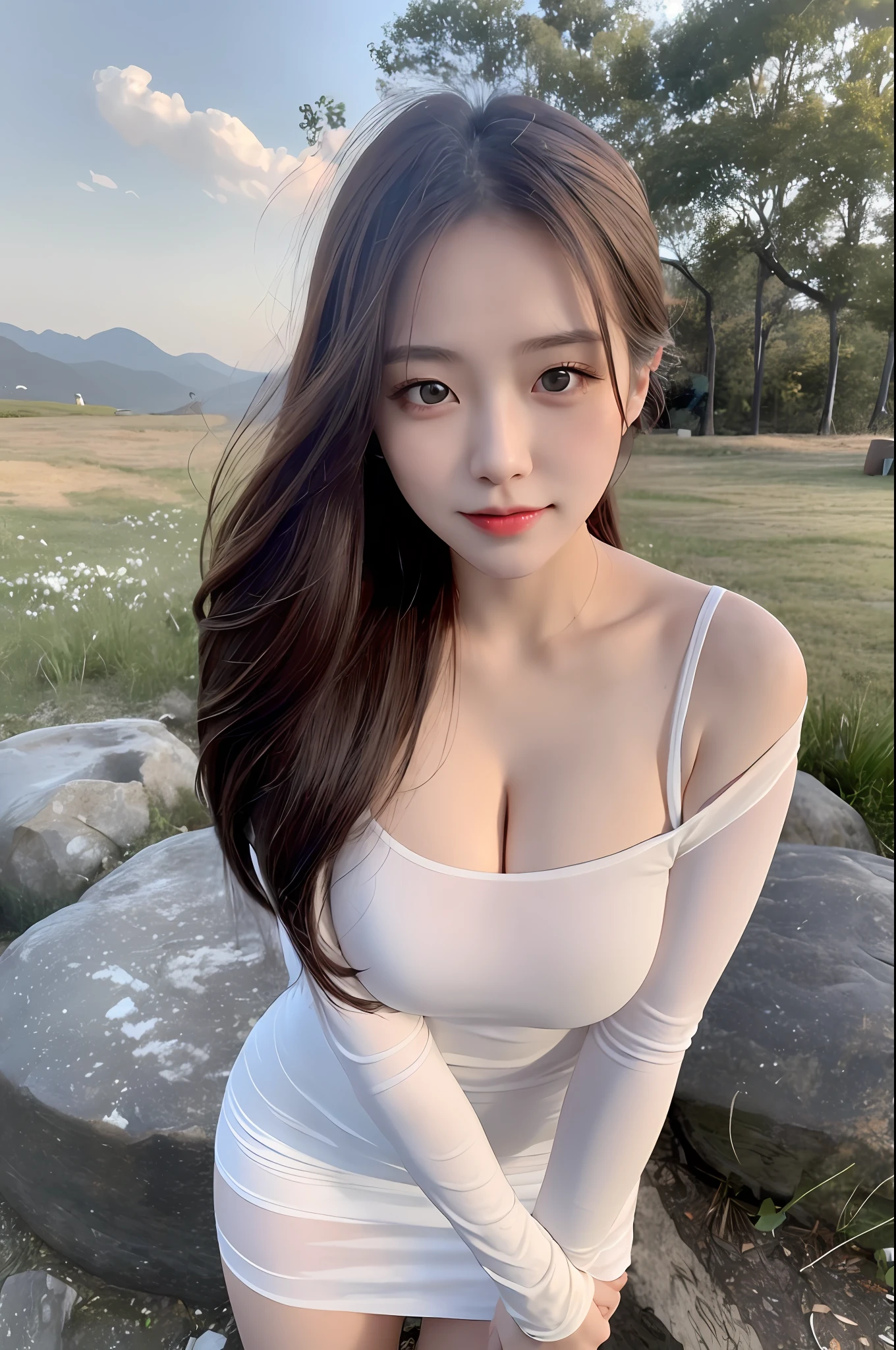 ((realistic raytraicing,Best Quority,8K,a masterpiece of:1.3)),1girl huge large breasts,Little moles under the eyes,ssmile,,Small moles on the breast,Pretty woman with slender figure:1.4,Abs:1.1,Korea,paleskin,(Floating wavy silky yellow hair,Breezy hair,Big_breasts:1),(Deep_Cleavage),white offshoulder shirt:1.2,long sleeves wet by wind,(Sweaty wet skin:1.3),standingn,Mountain night, campfire light, Super delicate face, finely-detailed eyes, 双眼皮, shiny skins, cowboy lens,(Wear a white miniskirt,Wear long white stockings:1.2