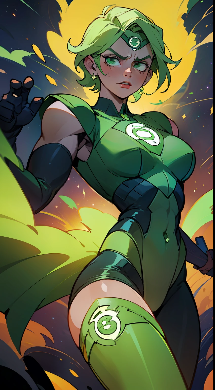 An epic masterpiece of the Green Lantern Corps, rendered in ultra-detailed CG and best quality imagery. Featuring the iconic emerald light, beautiful luminosity, and dynamic pose of the Green Lantern, set against a dark and intense background. The scene captures the heroic essence of the Green Lantern, as he stands resolute against the dangers of the universe.