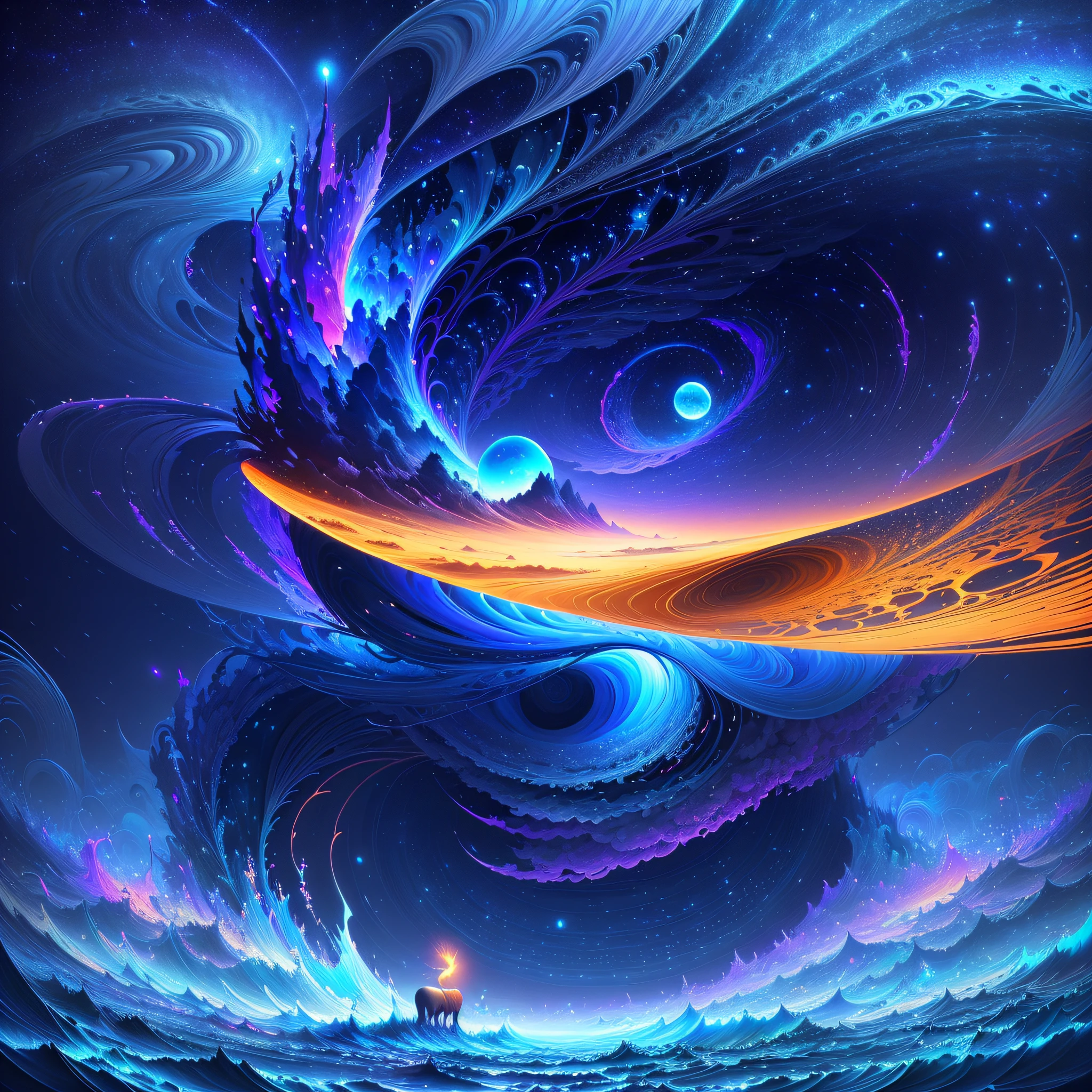 A deer standing on a moon shaped object in the sky and dreaming of electric sheep, blurry and dreamy illustration, calm night. Digital illustration, Blurred and dreamlike illustration, Amédée Ozenfant, dreamlike illustration, in astral plane)) ), colorful plane surreal ethereal, in cosmic realm, in surreal dreamy landscape, light shadows, waves, multiple layers, Foreground, vista, fractal thunder Dan Mumford, Dan Mumford and Alex Gray style, psychedelic surreal art, surreal psychedelic design, fantasy art style, illusion psychedelic art, infinite psychedelic waves , inspired by Cyril Rolando, real ripple structure, psychedelic art style, psychedelic art, psychedelic illustration -- V6
