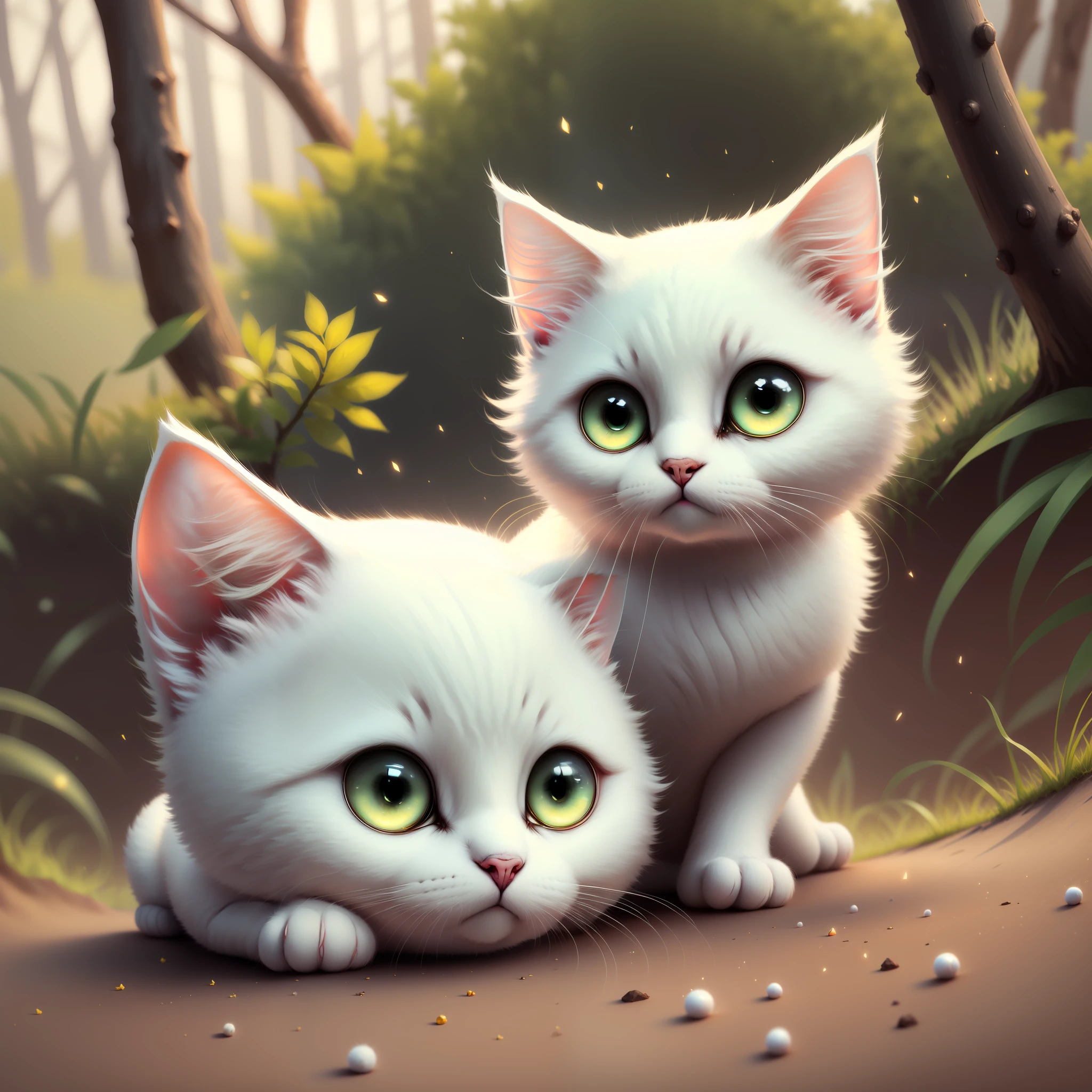 lovly,Fluffy little white cat,Pure white hair,Small claws like hairballs,Clear pale green eyes,Glows slightly in sunlight。