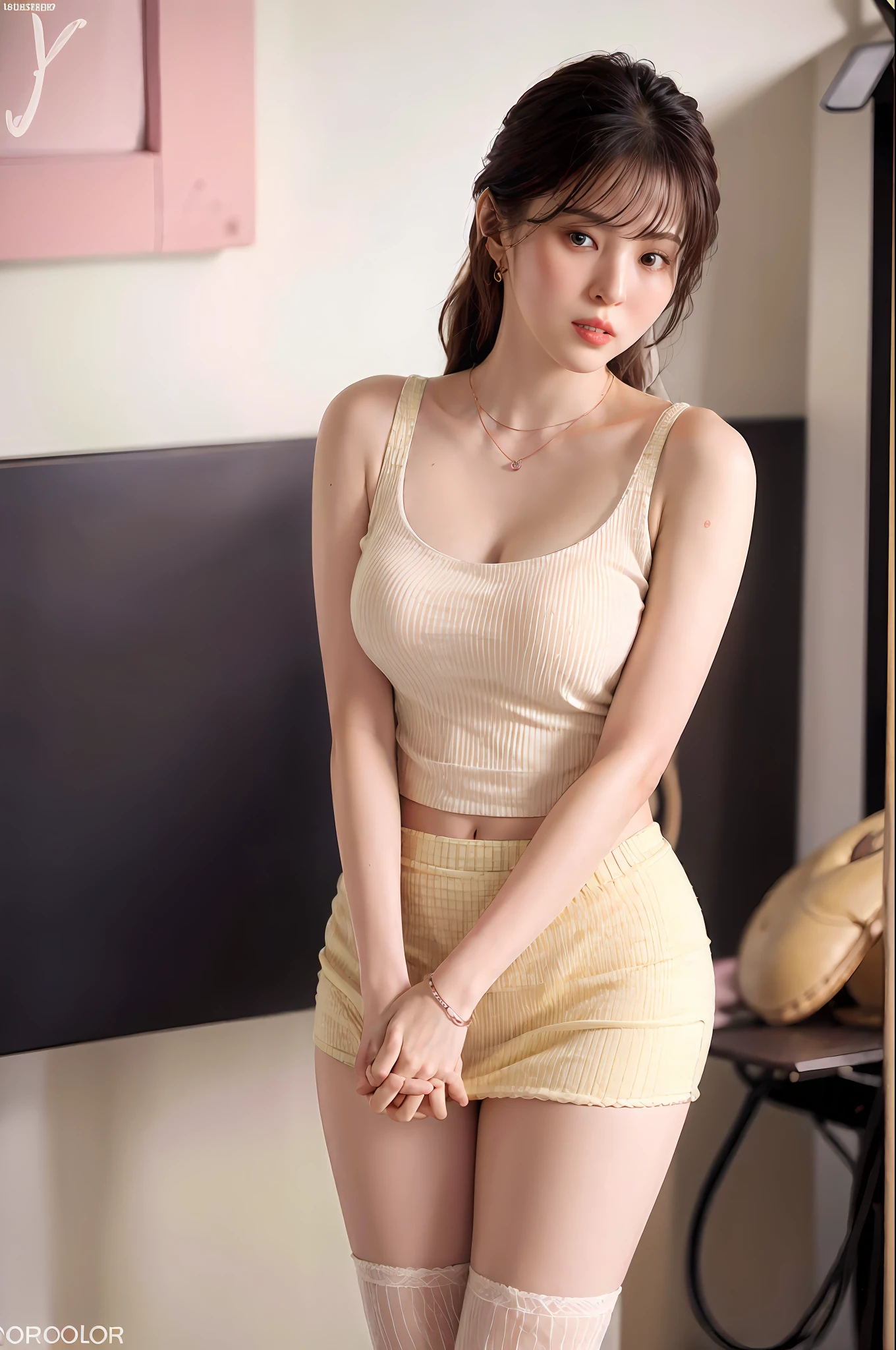 realisticlying，8K，Ultra Realistic Detail，Sharp focus，Delicate skin，（Outside，Usually comfortable in soft lighting），（Yellow miniskirt，Pink lingerie，Crystal heels，statement necklace），Extremely detailed face and eyes，（Large breasts)，Wear white stockings，Long curly yellow hair，Station