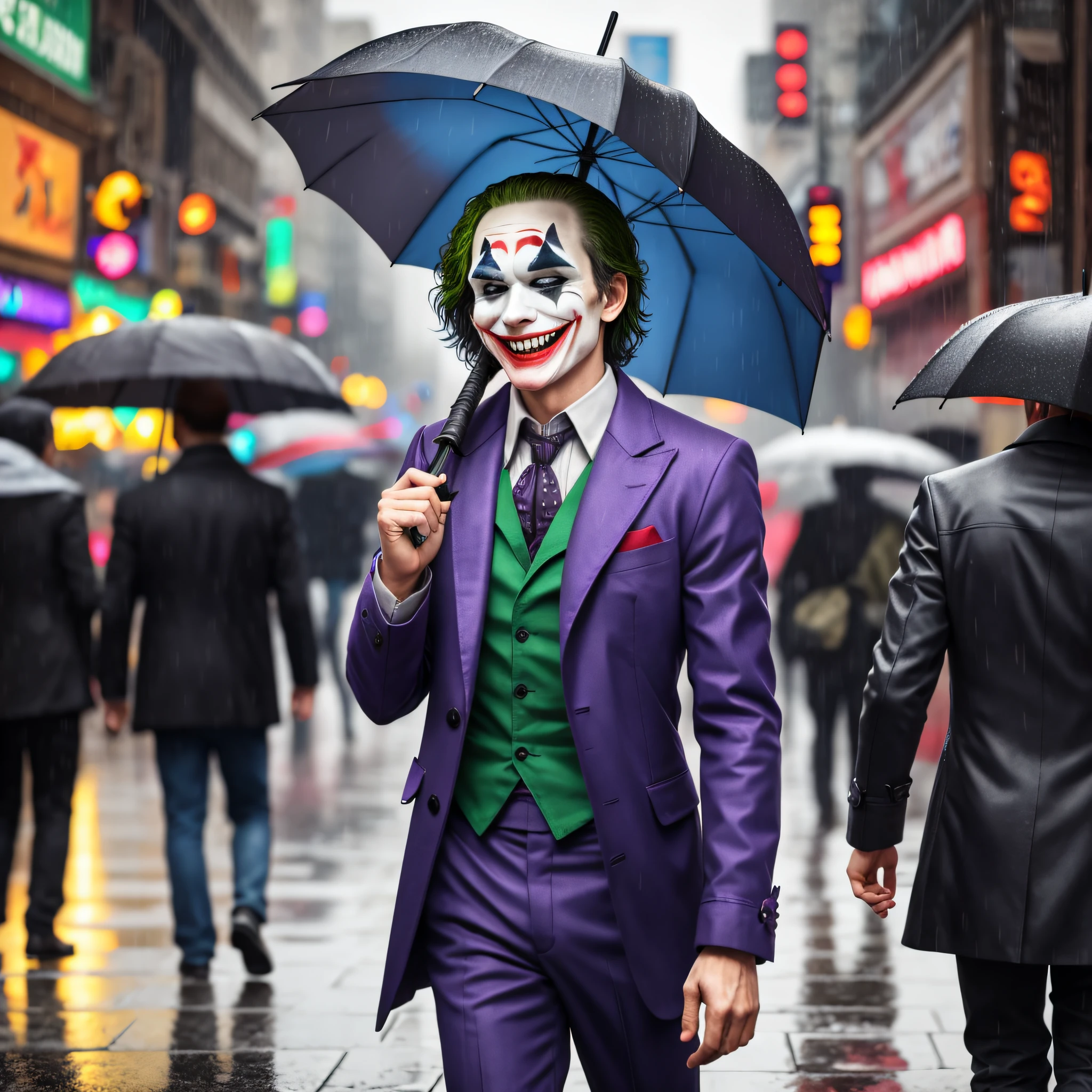 Joker standing and laughing in the middle of a busy street of normal people with umbrella, with rainy weather
