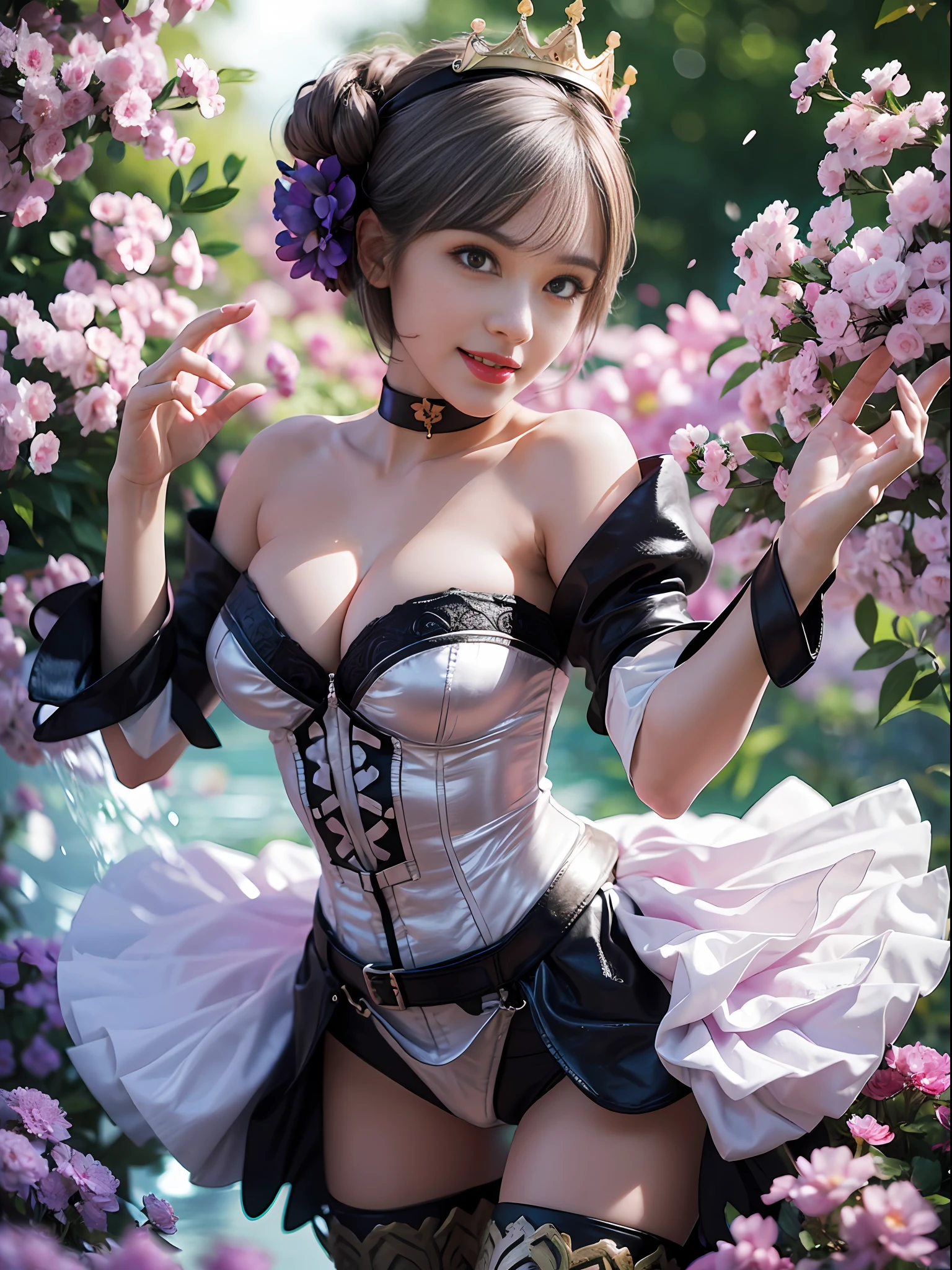 gwendolyn, hip feathers, strapless dress, crown, detached sleeves, choker, armored thigh boots, feather hair buns, 1girl, seductive expression, sexy eyes, big breasts, smile, cute, (light violet hair:1.2), (breast focus:1.2), (realistic:1.2), (realism), (masterpiece:1.2), (ultra high quality), (ultra detailed), (8k, 4k, intricate), (full body:1.5), (85mm), light particles, lighting, (highly detailed:1.2), (detailed face:1.2), (gradients), colorful, (detailed eyes:1.2), (detailed garden with fountains:1.2), (detailed background), (dynamic angle:1.2), (dynamic pose:1.2), (erotic pose:1.2), (rule of third_composition:1.3), (Line of action:1.2), daylight, solo.