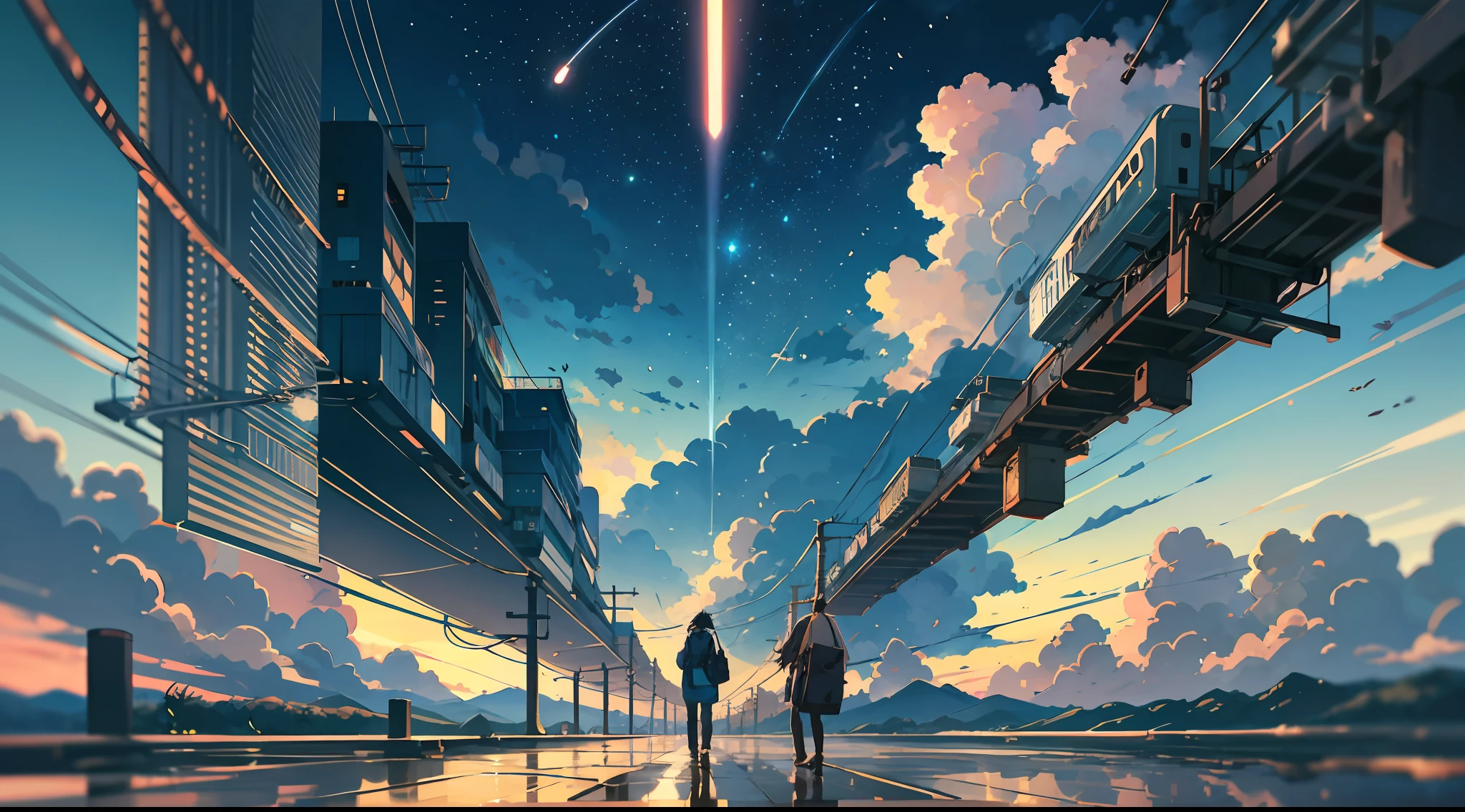High quality masterpiece, landscape, anime train passing through bodies of water on tracks, bright starry sky. Romantic train, pixiv, concept art, lofi art style, reflection. by Makoto Shinkai, lofi art, Beautiful anime scene, Anime landscape, detailed scenery —width 672, in style of Makoto shinkai, style of Makoto shinkai, enhanced details.