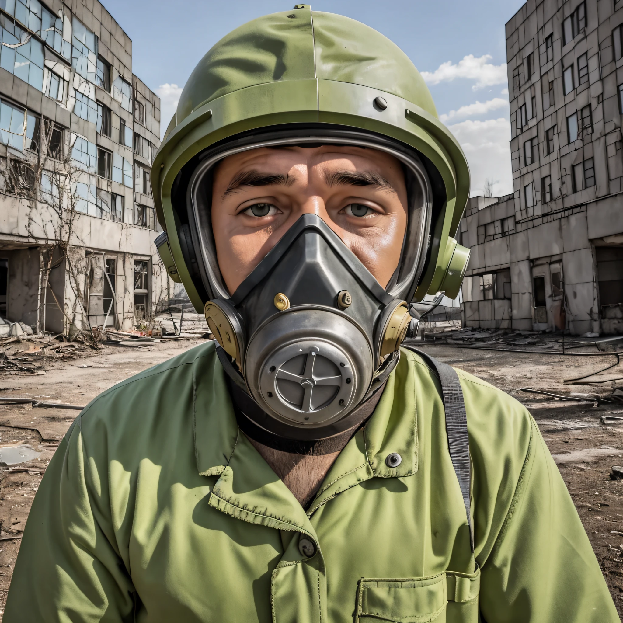 Man in Chernobyl wearing gas mask