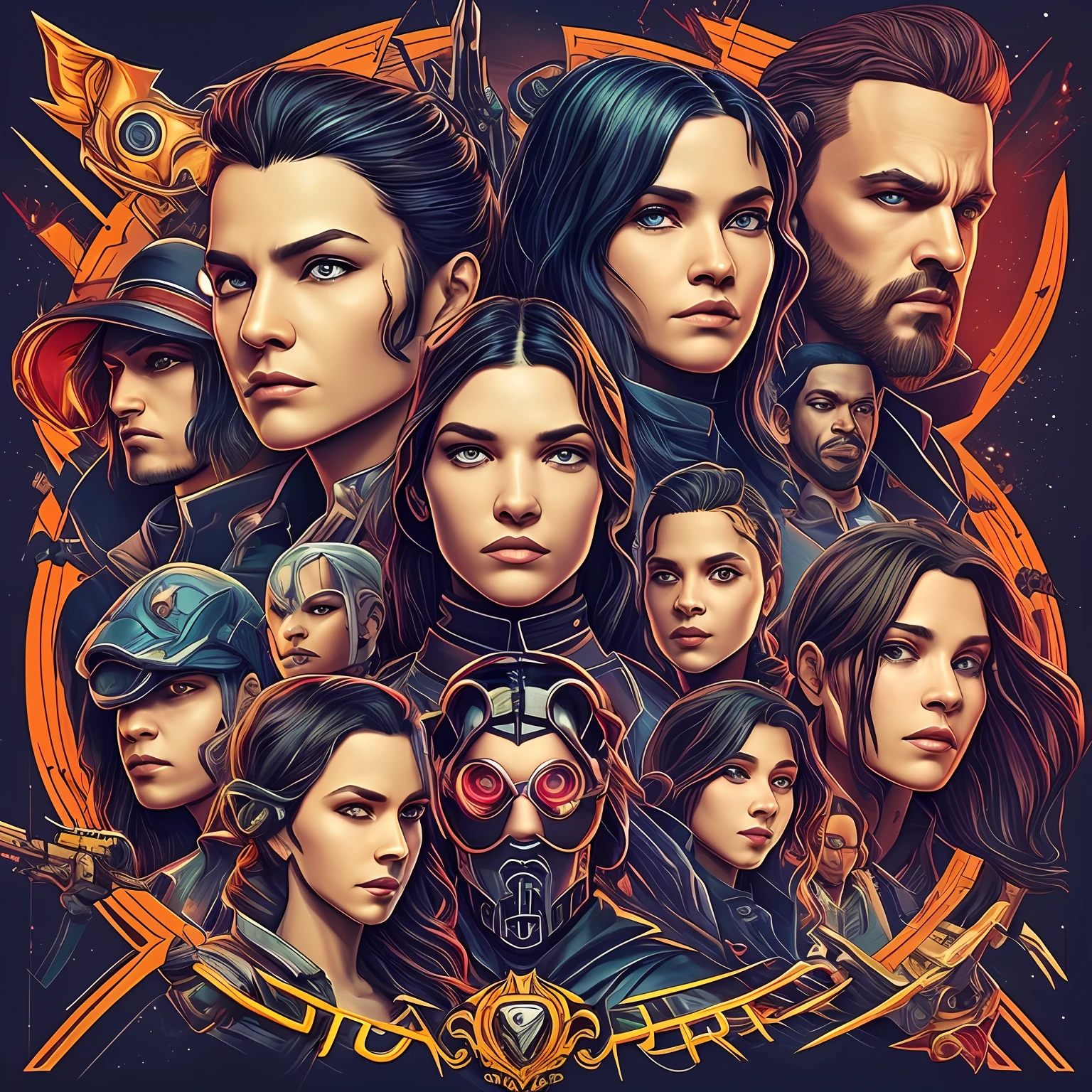 arte para camiseta, 2D, ((fundo preto :1, 5)), vetor, cores vivas, personagens da roupa cyberpunk, diversidade de racas, obra-prima, melhor qualidade, detalhes intrincados, perfect symmetrical face, detalhes realistas, gothic theme, luz da borda, luar, cinematic shading, Greg Rutkowisk