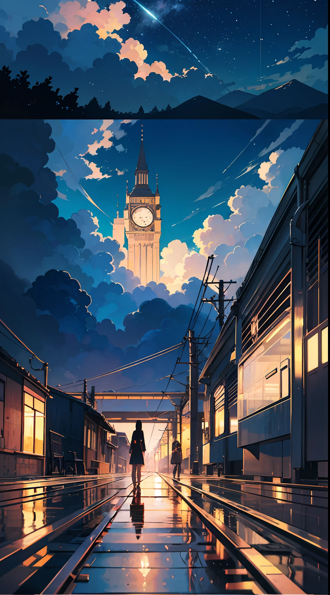 High quality masterpiece, landscape, anime train passing through bodies of water on tracks, bright starry sky. Romantic train, pixiv, concept art, lofi art style, reflection. by Makoto Shinkai, lofi art, Beautiful anime scene, Anime landscape, detailed scenery —width 672, in style of Makoto shinkai, style of Makoto shinkai, enhanced details.