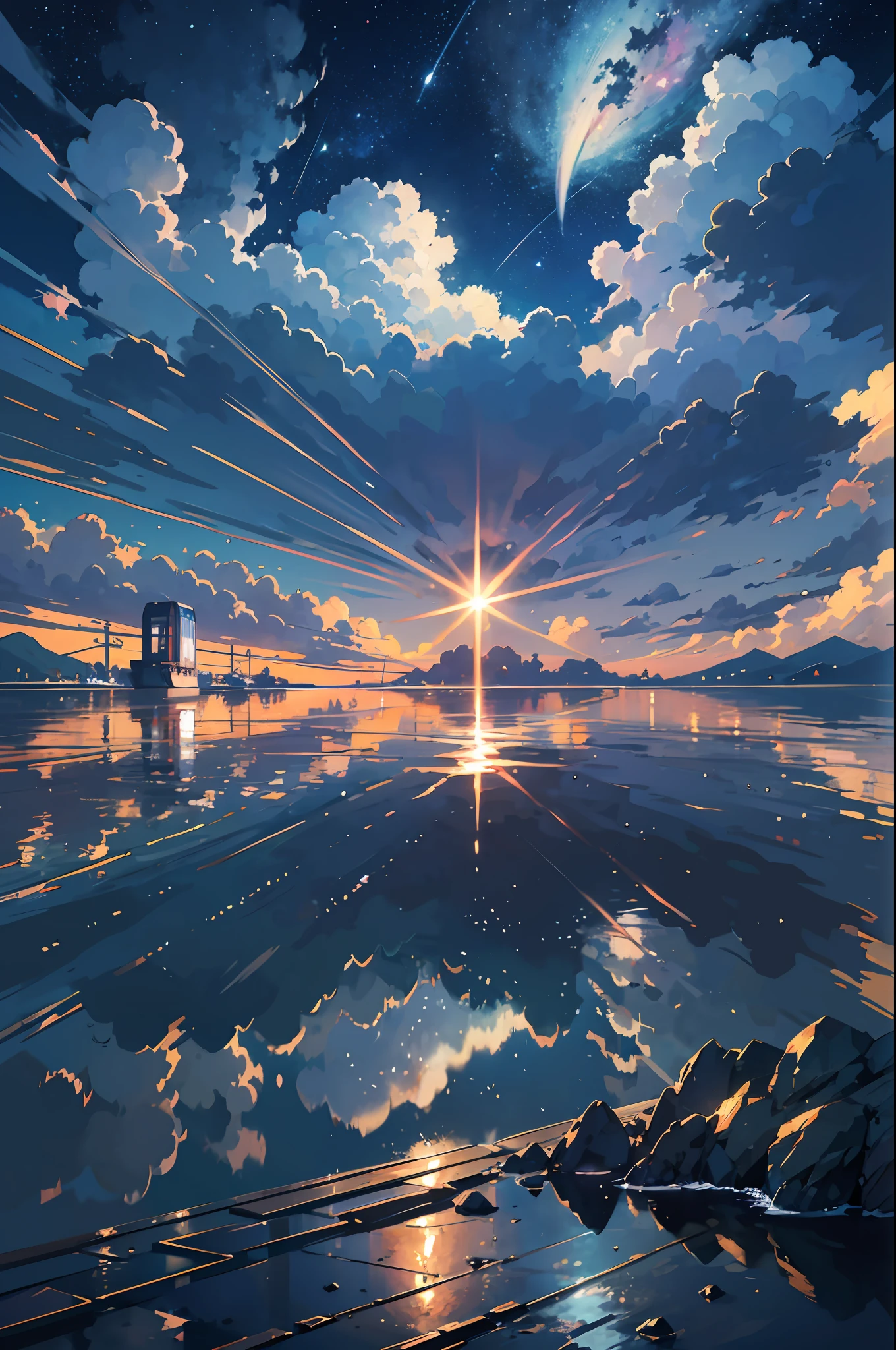 High quality masterpiece, landscape, anime train passing through bodies of water on tracks, bright starry sky. Romantic train, pixiv, concept art, lofi art style, reflection. by Makoto Shinkai, lofi art, Beautiful anime scene, Anime landscape, detailed scenery —width 672, in style of Makoto shinkai, style of Makoto shinkai, enhanced details.