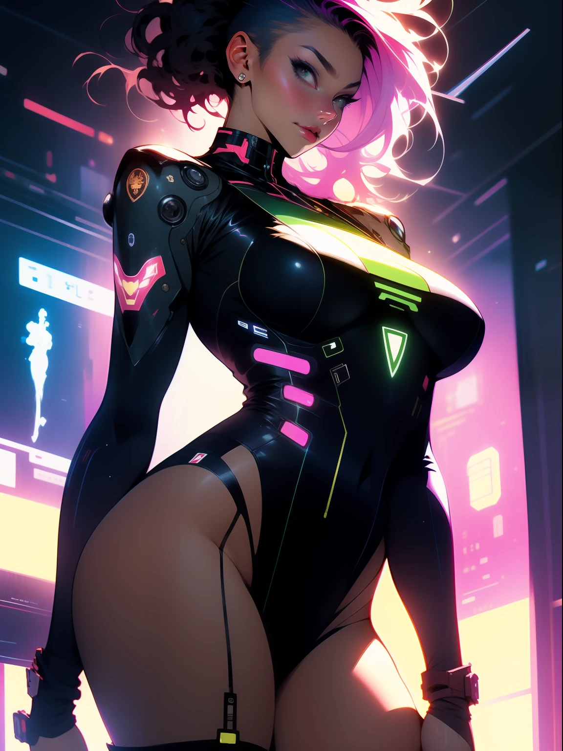 ((Best quality)), ((masterpiece)), (detailed: 1.4), (Nonsense), Tank pilot woman ready for war, shiny skin, perfect body, defined muscles, half thick bare thighs, closed mouth, only in panties, include stars in clothing, muscular body covered by technological clothing, Neon Genesis Evangelion style and Honor Impact, cyberpunk, generous neckline, ((perfect large breasts)), (green eyes without pupils),  ((clothing in the colors of the flag of Ukraine)), (((black Mohawk hair)))), (thin stripes covering the breasts), (Psychedelic tattoo on the arms), ((circuit drawings)), short underwear, garter belt, by mucha, niji --V5, close to real, psychopath, crazy face, sexy pose, background with a giant Gundam style robot head, 2 piece clothing, fractal shoulder pads, pastel,  centralized, scale to fit dimensions, HDR (High Dynamic Range),Ray Tracing,NVIDIA RTX,Super-Resolution,Unreal 5,Subsurface dispersion, PBR texture, Post-processing, Anisotropic filtering, Depth of field, Maximum clarity and sharpness, Multilayer textures, Albedo and specular maps, Surface shading, Accurate simulation of light-material interaction, Perfect proportions, Octane Render, Two-tone lighting, Wide aperture, Low ISO,  White Balance, Rule of Thirds, 8K RAW, crysisnanosuit