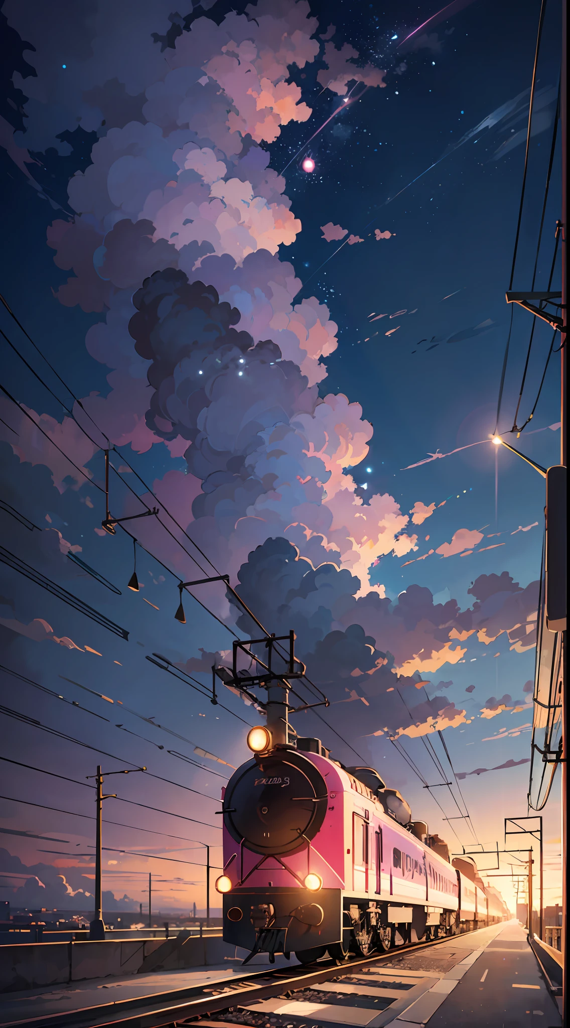 anime scene of a train passing under a pink and purple sky, an anime drawing by Makoto Shinkai, trending on pixiv, magical realism, beautiful anime scene, cosmic skies. by makoto shinkai, ( ( makoto shinkai ) ), by makoto shinkai, anime background art, style of makoto shinkai