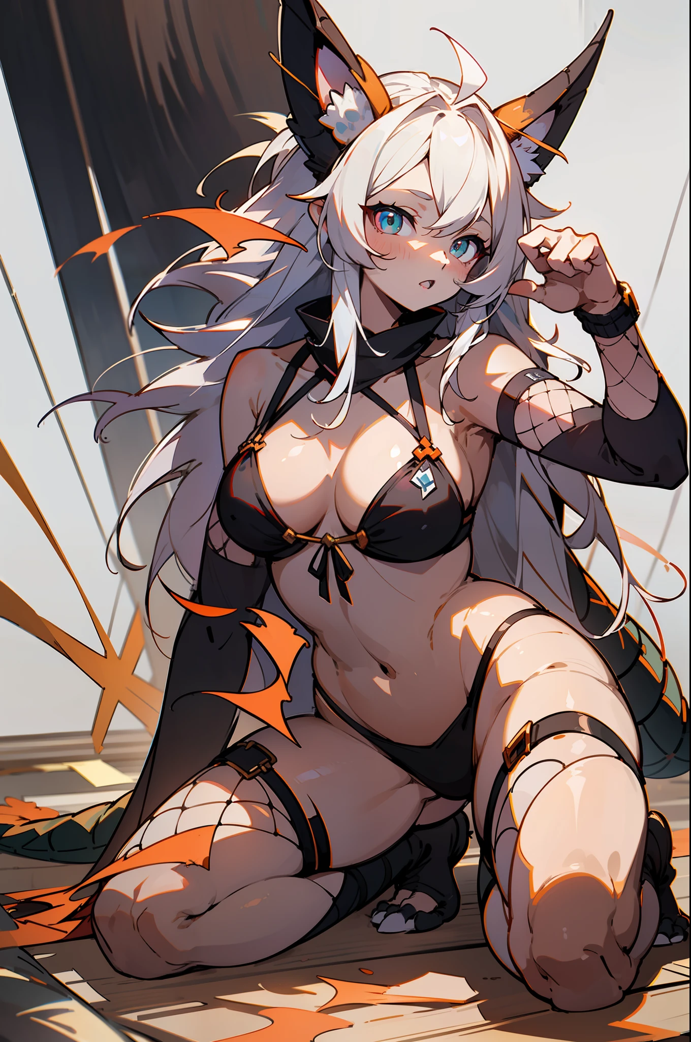 master-piece,hyper quality, hyper detailed,perfect drawing,1 beautiful girl, dragon scaled bikini, dragon ears, dragon tail, dragon horn, dragon paw, dragon fingers, hunter's eyes aiming for prey, black and white mesh hair, drooping eyes, height 188cm, three sizes B120W65H95, whiplash, kneeling, pow pause