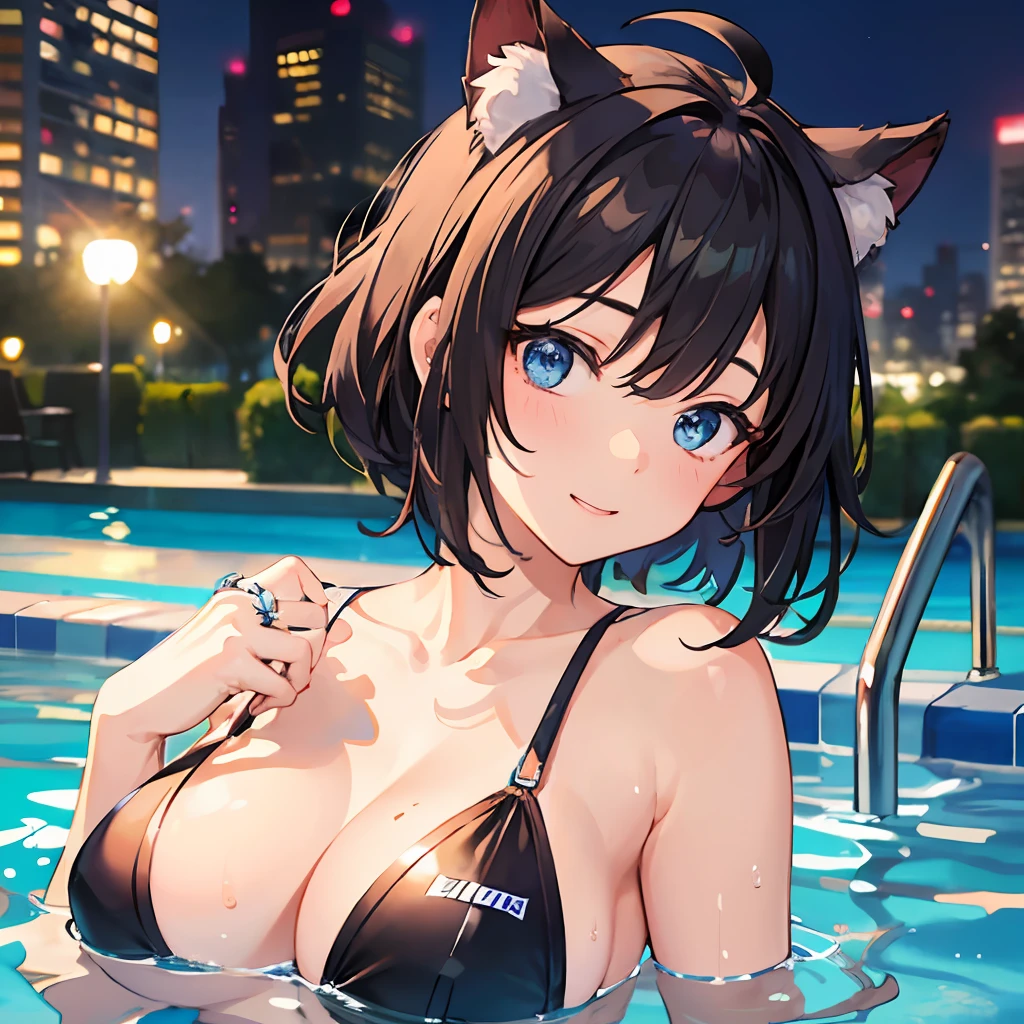 ((beste-Qualit))、((a masterpiece of))、((ultra-definition))、(illustratio)、(Fine light)、(Extremely delicate and beautiful)、(((独奏)))、1 girl in、(((beautiful a girl)))、opened mouth、Shy smile、(Black-haired), (Black cat ears), (Ahoge), (absurdly short hair), (Maeby Hair), (Blue eyes),Background night pool、Sexy swimming costume、Wearing a ring on the ring finger of his left hand、Kamimei、