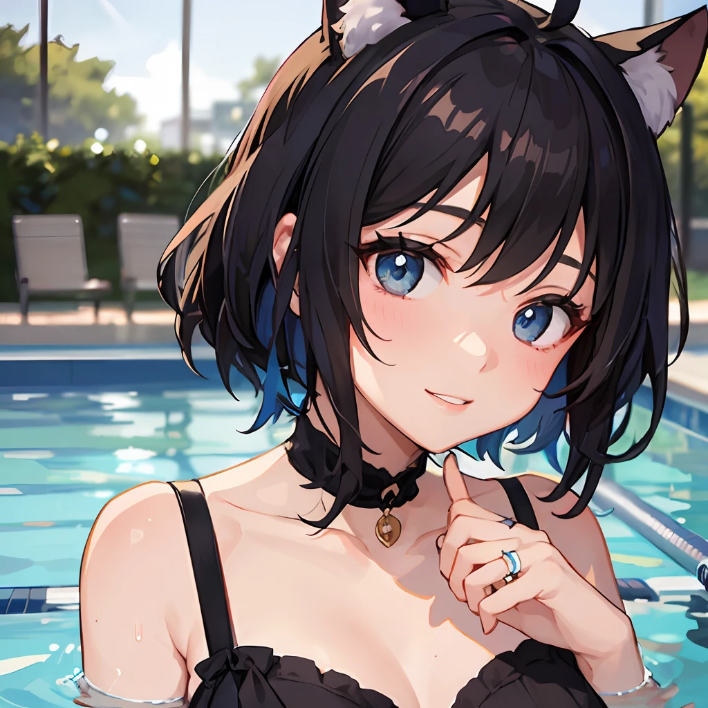 ((beste-Qualit))、((a masterpiece of))、((ultra-definition))、(illustratio)、(Fine light)、(Extremely delicate and beautiful)、(((独奏)))、1 girl in、(((beautiful a girl)))、opened mouth、Shy smile、(Black-haired), (Black cat ears), (Ahoge), (absurdly short hair), (Maeby Hair), (Blue eyes),Background night pool、Sexy swimming costume、Wearing a ring on the ring finger of his left hand、Kamimei、