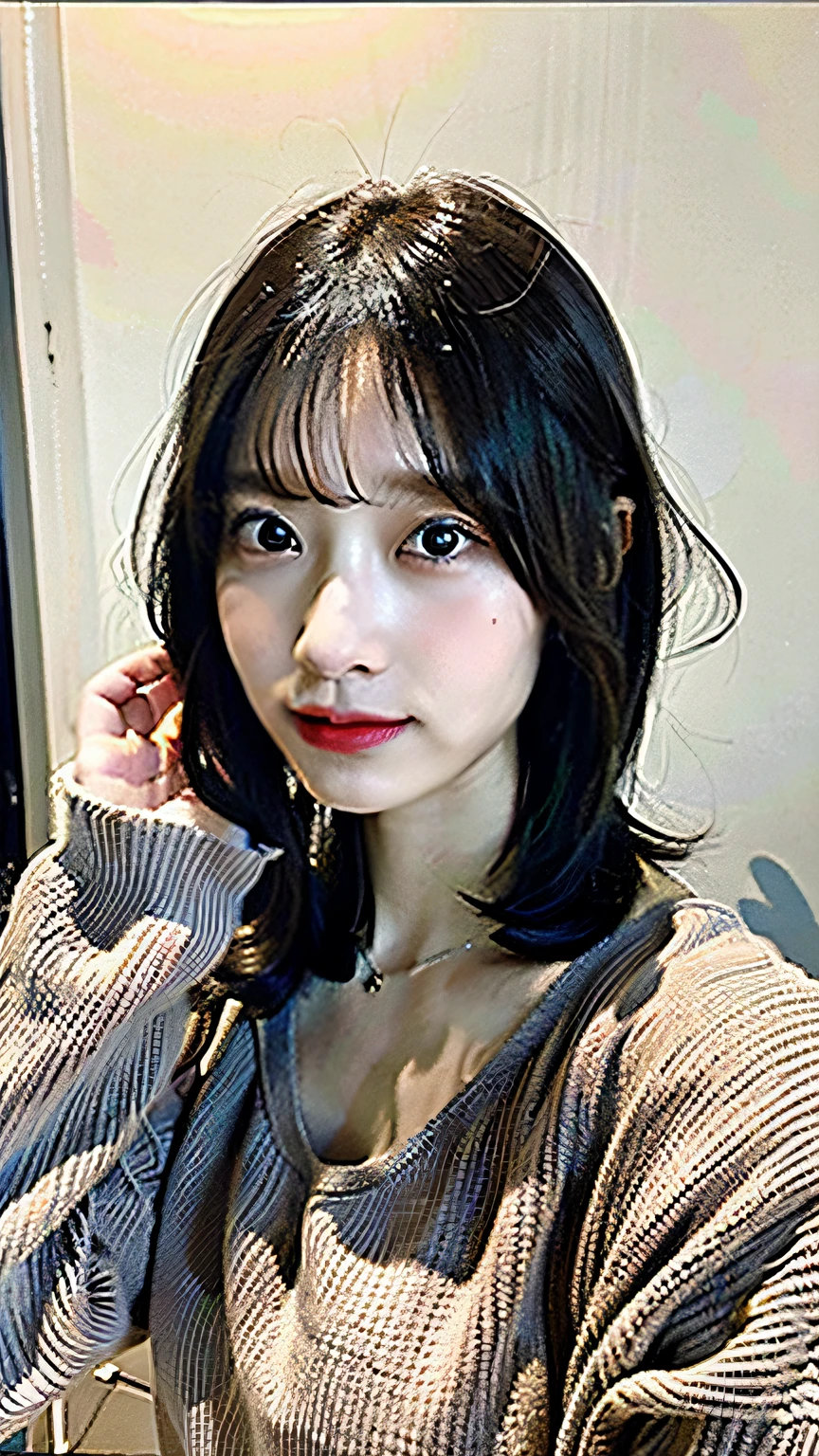 (Best Quality, 8k, 32k, Masterpiece, UHD: 1.2), Cute Japan Woman Pictures, Very Short Bob Hair, Upper Body, Face Focus, oversized_sweater, Necklace, Simple Background, From Above, Watch the Viewer,