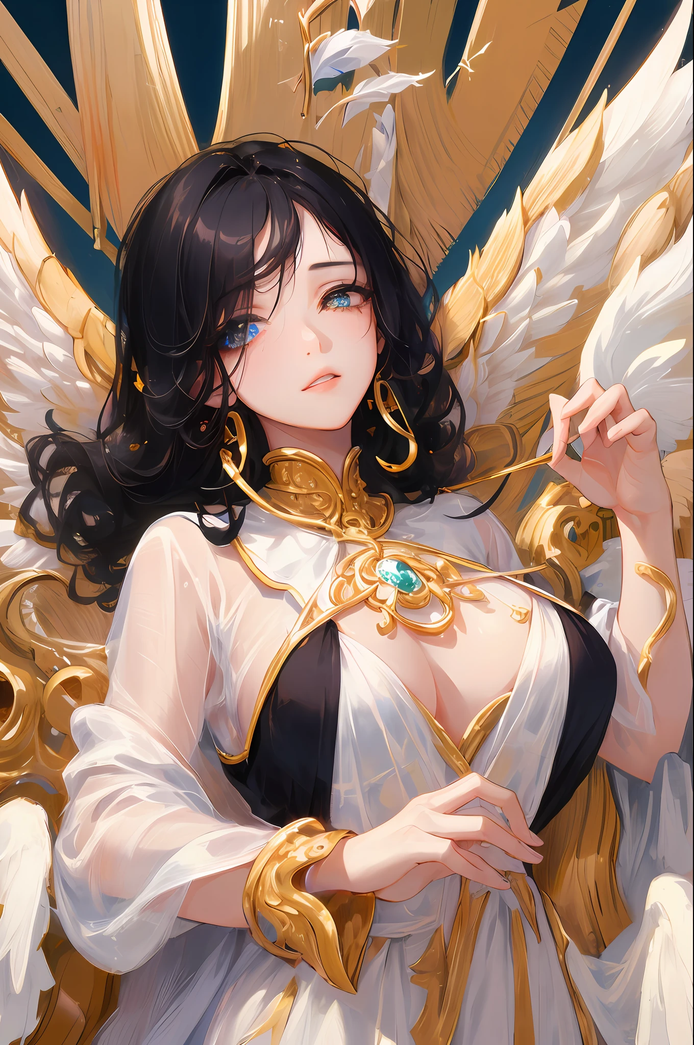 ((a masterpiece of、Need、ultra-delicate、A high resolution)), 独奏, a beautifulchi girl, sparklingeyes, perfect  eyes, One eye is golden and one eye is black，Heteropupil, Long curly black hair，an angel，White wings，Black and white gold theme,