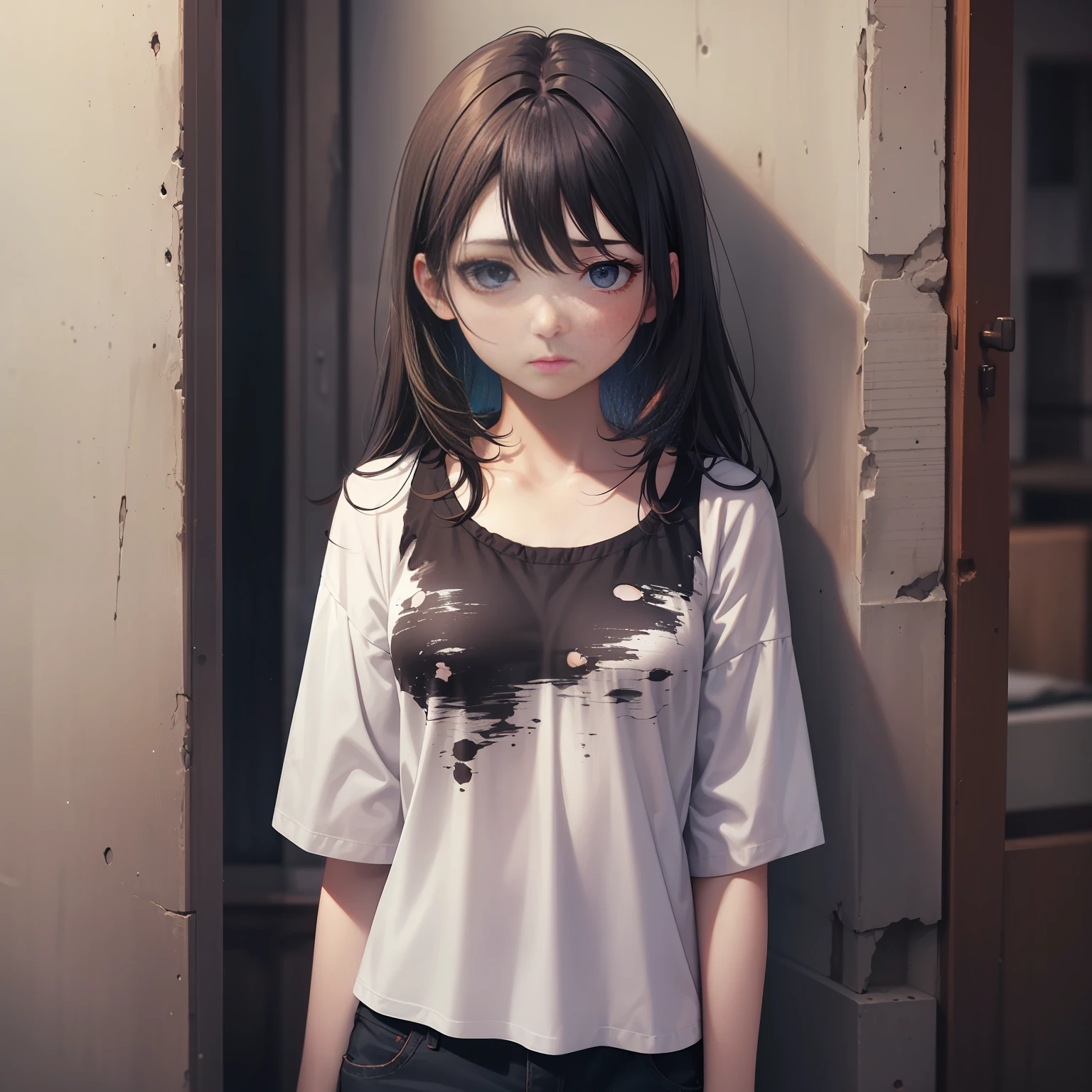 Monotone world Dull eyes ruins Girl Standing Alone Broken World sad expressions ripped clothing dishevled hair