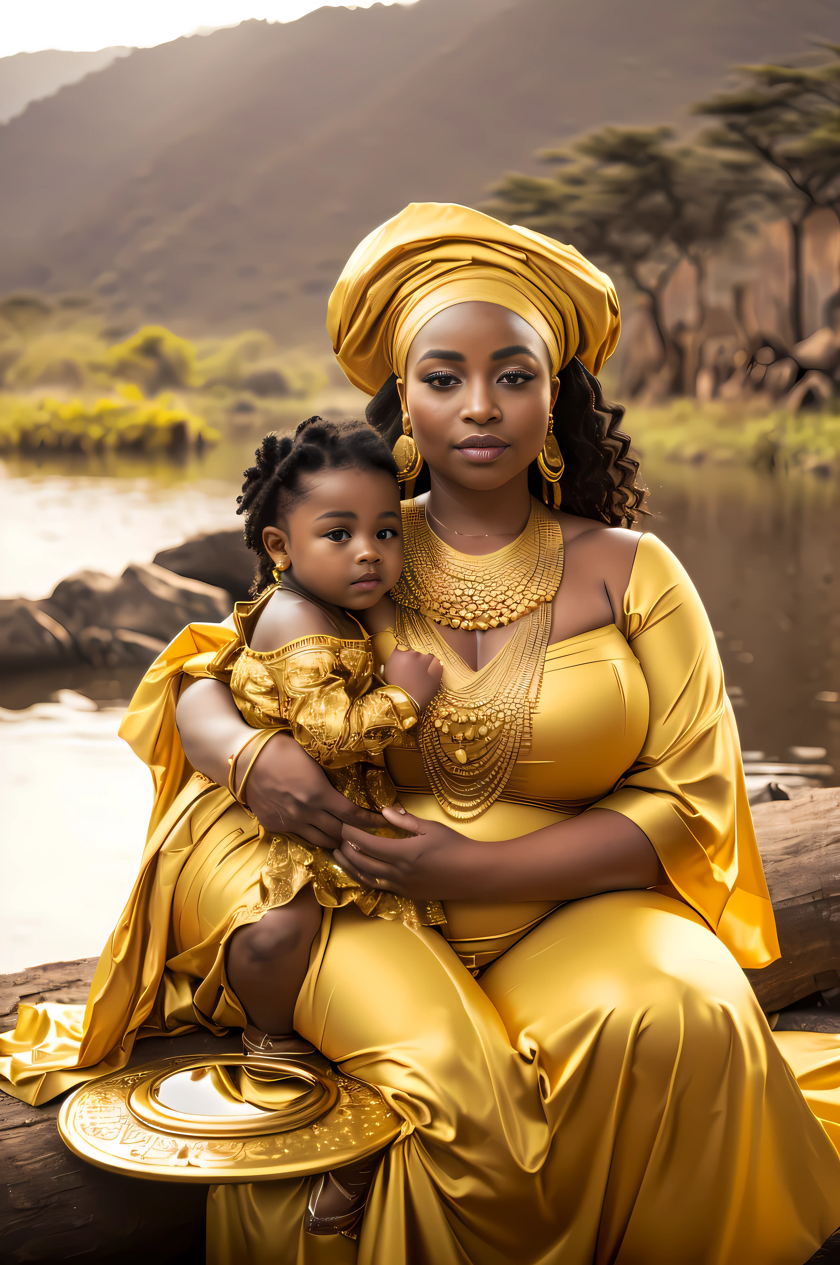 a pregnant woman in a gold dress holding a baby, Princesa Africanoa deslumbrante, Princesa negra Africanoa, Rainha Africanoa, Princesa Africana, Tons dourados, foto de uma bela, tons de ouro exibir naturalmente, mulher Africanoa, fotografia materna 4K, mulher linda, beleza tradicional, Africano, coberto de ouro sedoso, Joias Africanoas intrincadas, Cores douradas, Aura dourada, coberto de ouro