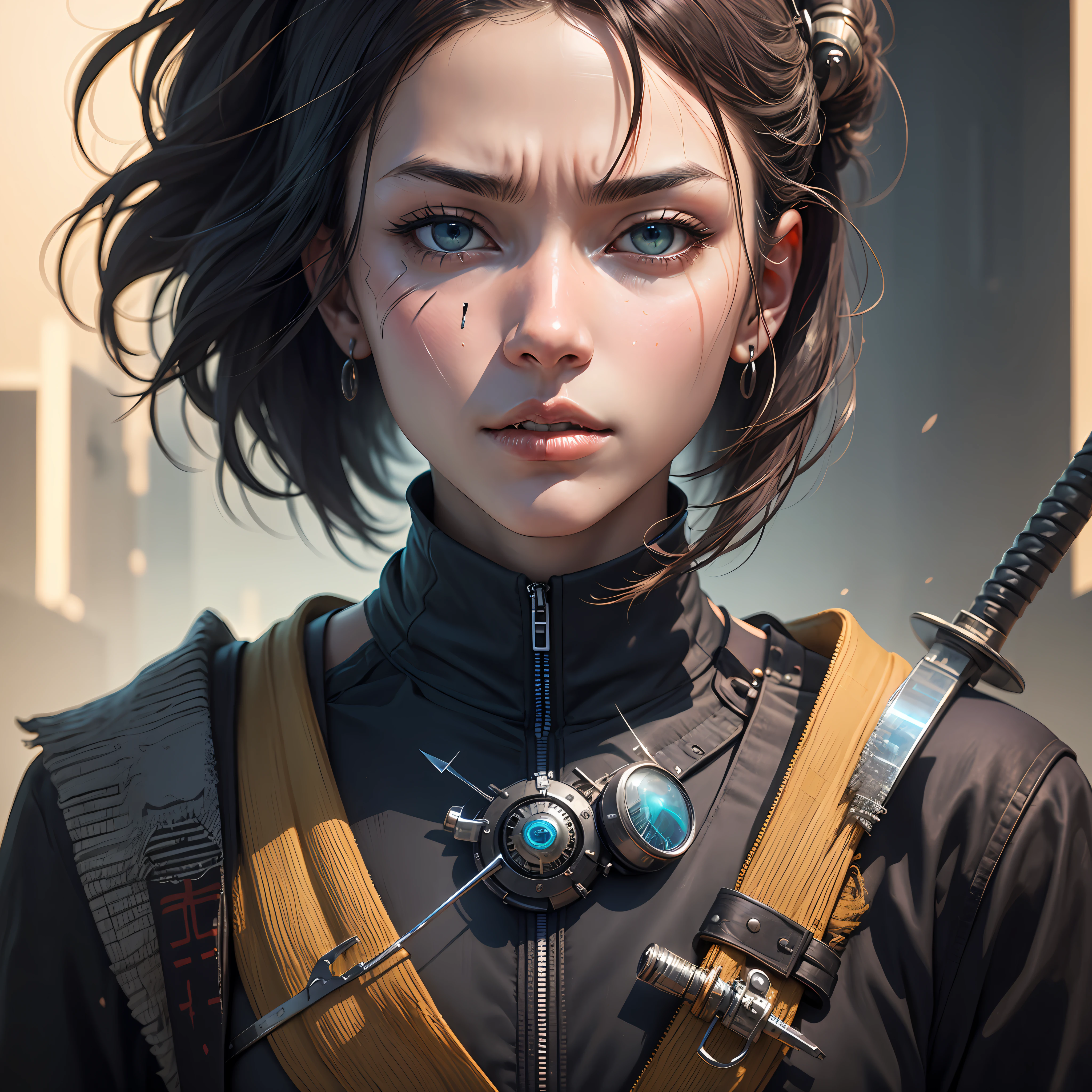 a close up of a person in a costume with a sword, portrait of a cyberpunk samurai, cyberpunk samurai, very beautiful cyberpunk samurai, beeple and jean giraud, style hybrid mix of beeple, beeple style, beeple and mike winkelmann, beeple. hyperrealism, cyborg samurai, beeple daily art, open -mask --auto