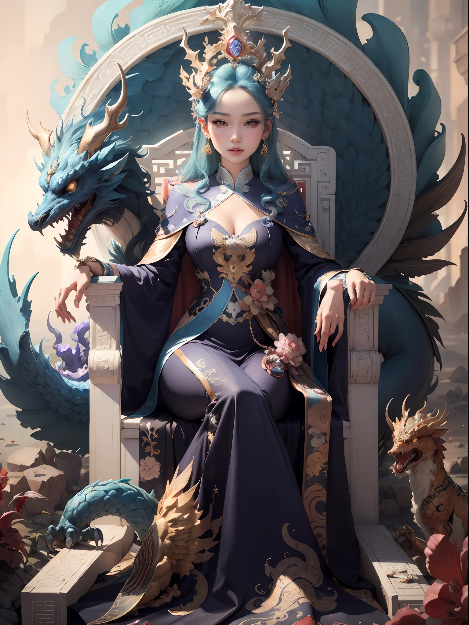 A Chinese girl sitting on a throne, a throne encrusted with precious stones, surrounded by Chinese phoenix beasts, gold and ruby color, unique monster illustration, Dau al set, high resolution, a painting, dense composition, playful repetition, precious stones, crystals, gold, detailed paintings, unique monster illustrations, super fine details, realistic, super high resolution, complex, super detail, (skin dents), cute, feminine, detailed body, (Detailed face: 1.1), (contoured iris), (watercolor lenses), (perfect eyes), 4k, gorgeous, (masterpiece: 1.2), (best quality: 1.2), gorgeous long dress, dynamic pose, rich colors, film light and shadow