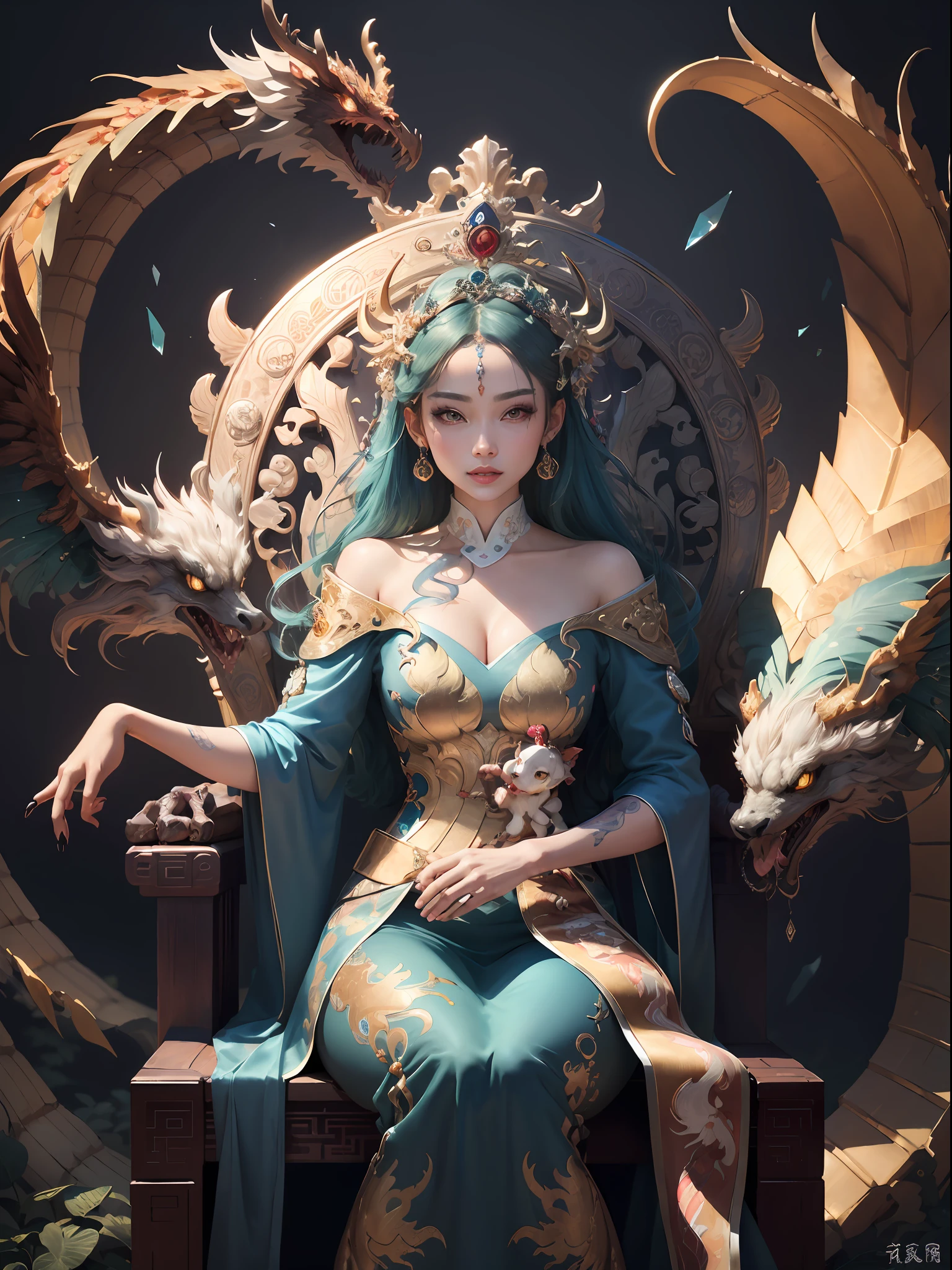 A Chinese girl sitting on a throne, a throne encrusted with precious stones, surrounded by Chinese phoenix beasts, gold and ruby color, unique monster illustration, Dau al set, high resolution, a painting, dense composition, playful repetition, precious stones, crystals, gold, detailed paintings, unique monster illustrations, super fine details, realistic, super high resolution, complex, super detail, (skin dents), cute, feminine, detailed body, (Detailed face: 1.1), (contoured iris), (watercolor lenses), (perfect eyes), 4k, gorgeous, (masterpiece: 1.2), (best quality: 1.2), gorgeous long dress, dynamic pose, rich colors, film light and shadow