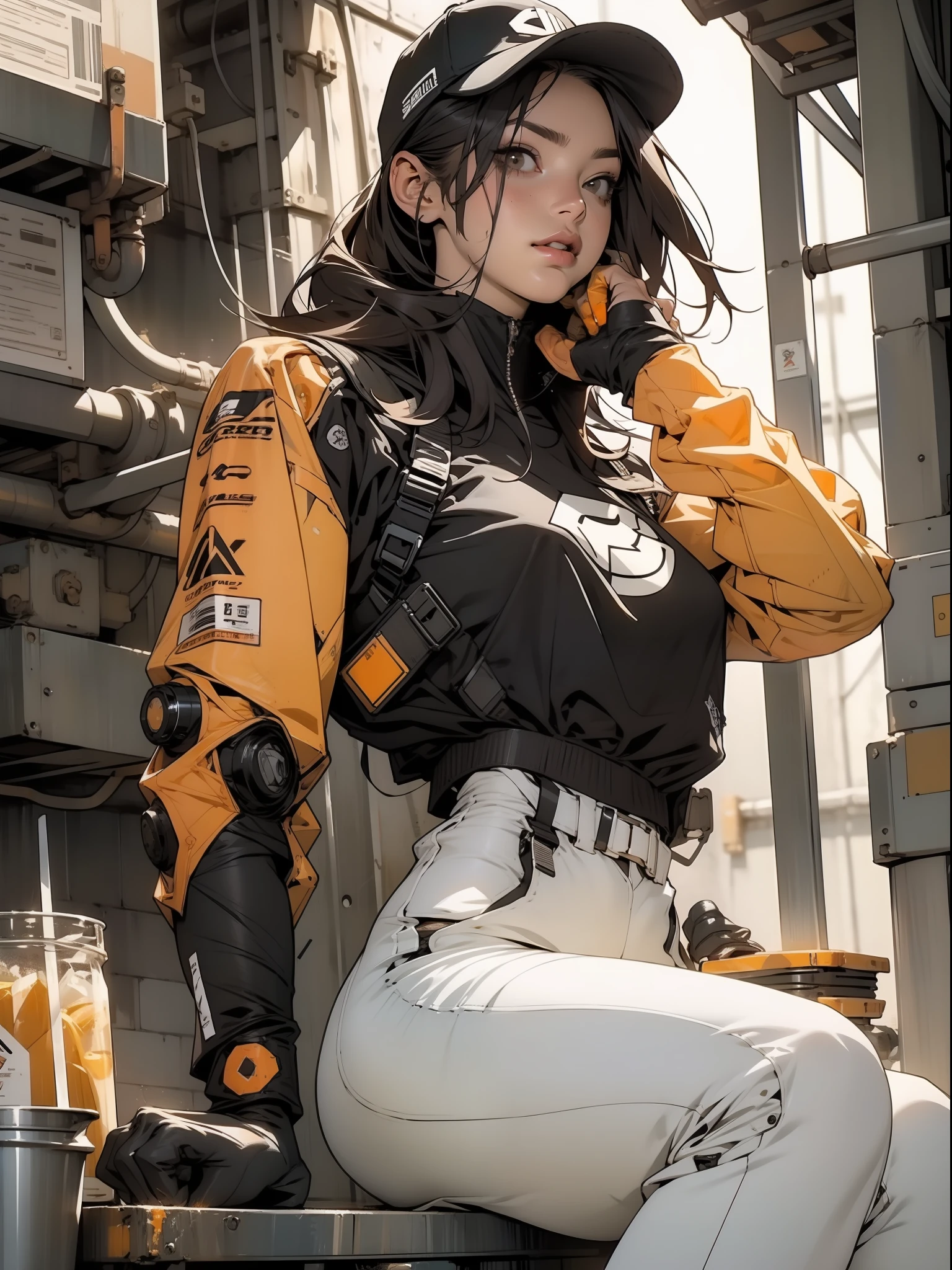 Nijistyle, A muscular 35-year-old woman working hard in a nearly naked steel industry in Simon Bisley style, She wears a cap and is working hard operating machines in the production of parts for robots, suada, pele molhada de suor, suja, cansada jaqueta laranja com tipografias, ((( cr de laranja ))), corpo perfeito, seios grandes com decote, ((( cabelo curto ))), ((( rosto adulto ))), ( Darryl Hanna ), Minimum clothing, Tiny floss, Nijistyle, jantar adulto, cena sensual, extremamente sexy