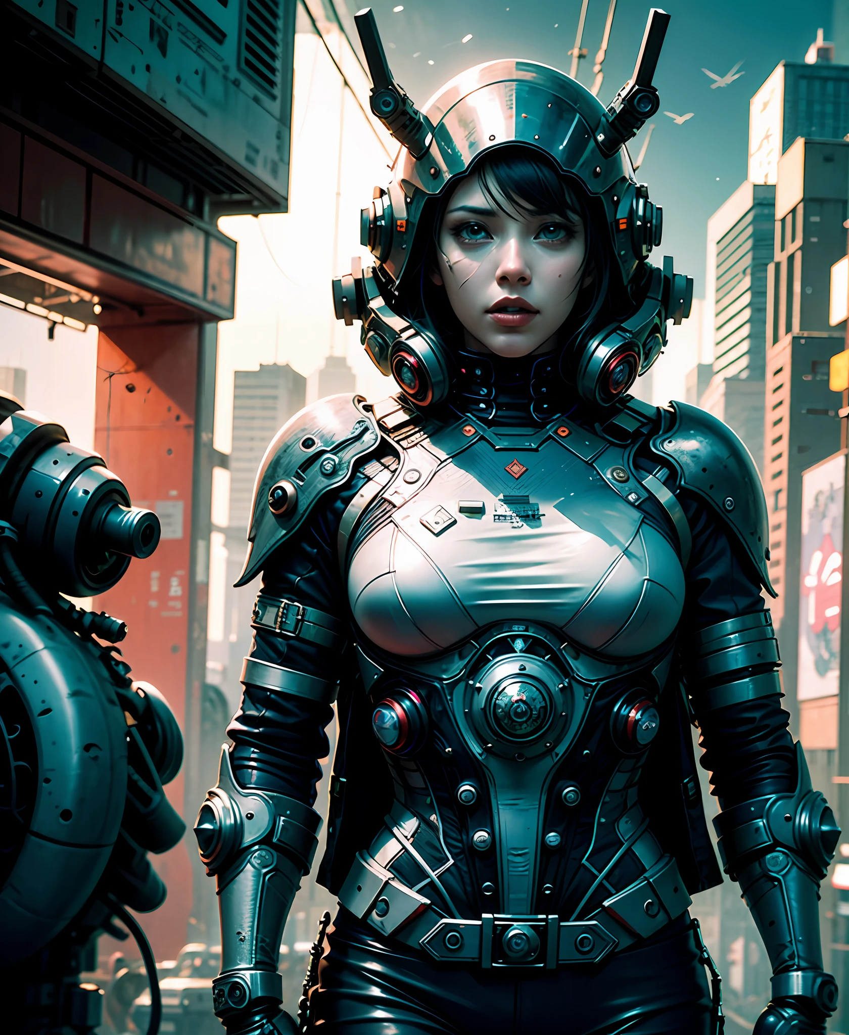 Cyberpunk art of a (subject) who is looking (where), in the style of (colors), selective focus, cryengine, hyper-detailed, psychadelic, figurative installations, colorful futurism, disfigured forms, human anatomy, chrome-plated.