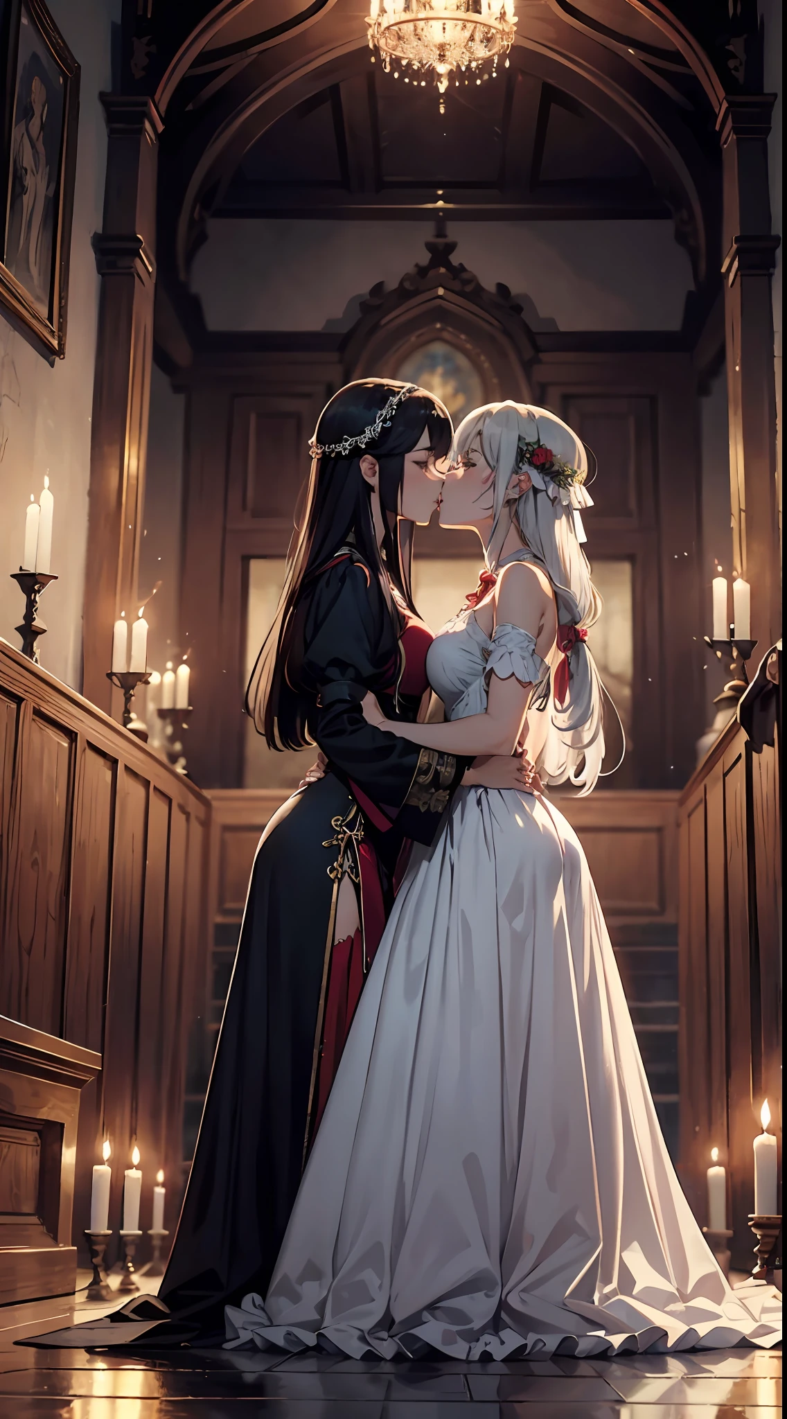 baseado no jogo Dungeon Siege 3, casamento de Catherine com Jeyne Kassynder, ((2 mulheres se beijando no altar)), ambas usam vestido de noiva sexy branco com grande decotes, obra-prima, melhor qualidade, 8k, Altas, dynamic picture, foco nas 2 noivas, prestes a serem defloradas uma pela outra, na sala real de um castelo, yuri, ecchi,