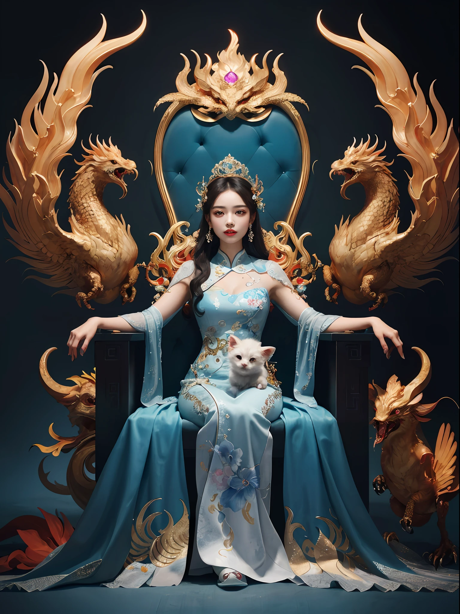 A Chinese girl sitting on a throne, a throne encrusted with precious stones, surrounded by Chinese phoenix beasts, gold and ruby color, unique monster illustration, Dau al set, high resolution, a painting, dense composition, playful repetition, precious stones, crystals, gold, detailed paintings, unique monster illustrations, super fine details, realistic, super high resolution, complex, super detail, (skin dents), cute, feminine, detailed body, (Detailed face: 1.1), (contoured iris), (watercolor lenses), (perfect eyes), 4k, gorgeous, (masterpiece: 1.2), (best quality: 1.2), gorgeous long dress, dynamic pose, rich colors, film light and shadow