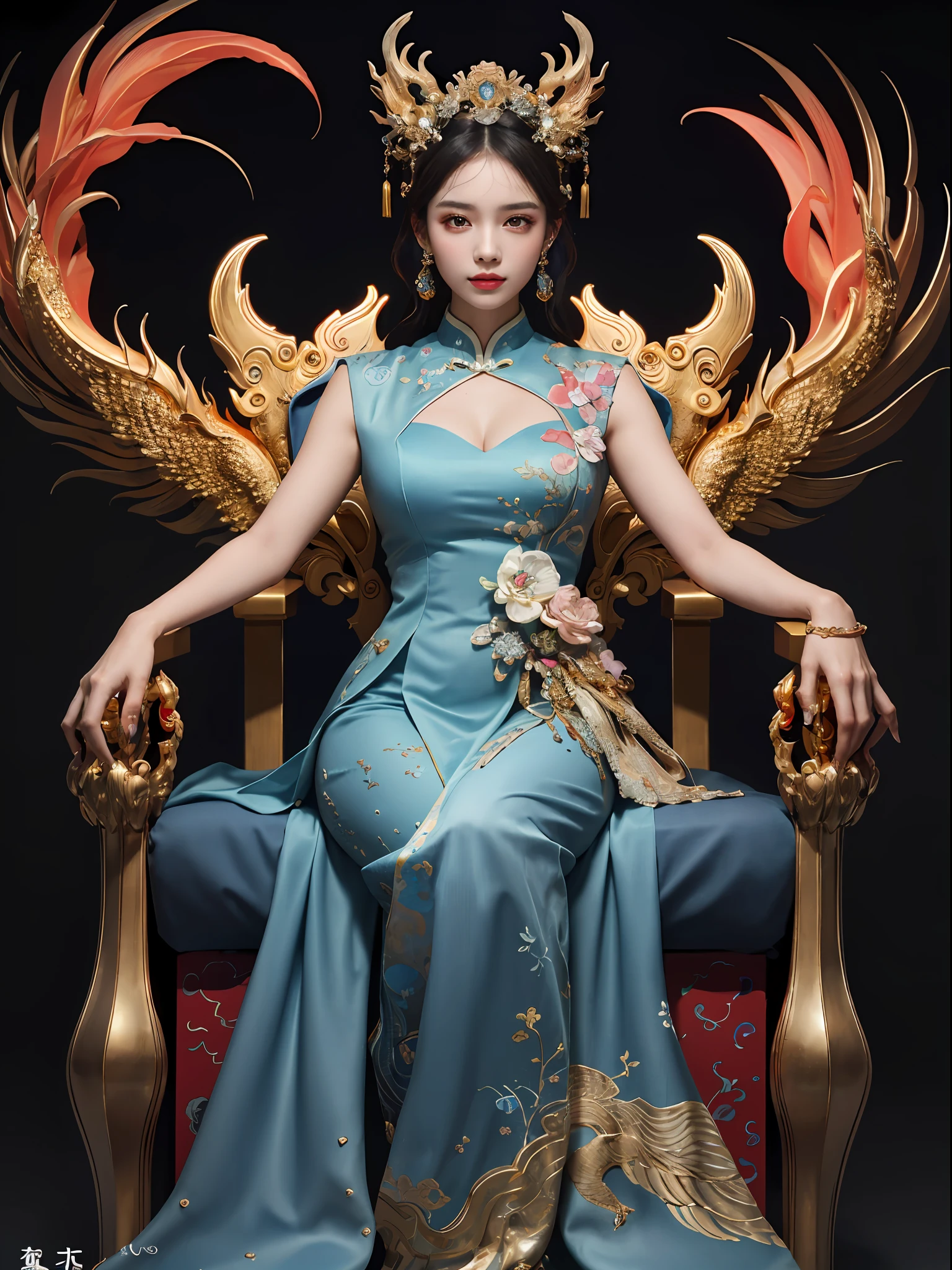 A Chinese girl sitting on a throne, a throne encrusted with precious stones, surrounded by Chinese phoenix beasts, gold and ruby color, unique monster illustration, Dau al set, high resolution, a painting, dense composition, playful repetition, precious stones, crystals, gold, detailed paintings, unique monster illustrations, super fine details, realistic, super high resolution, complex, super detail, (skin dents), cute, feminine, detailed body, (Detailed face: 1.1), (contoured iris), (watercolor lenses), (perfect eyes), 4k, gorgeous, (masterpiece: 1.2), (best quality: 1.2), gorgeous long dress, dynamic pose, rich colors, film light and shadow