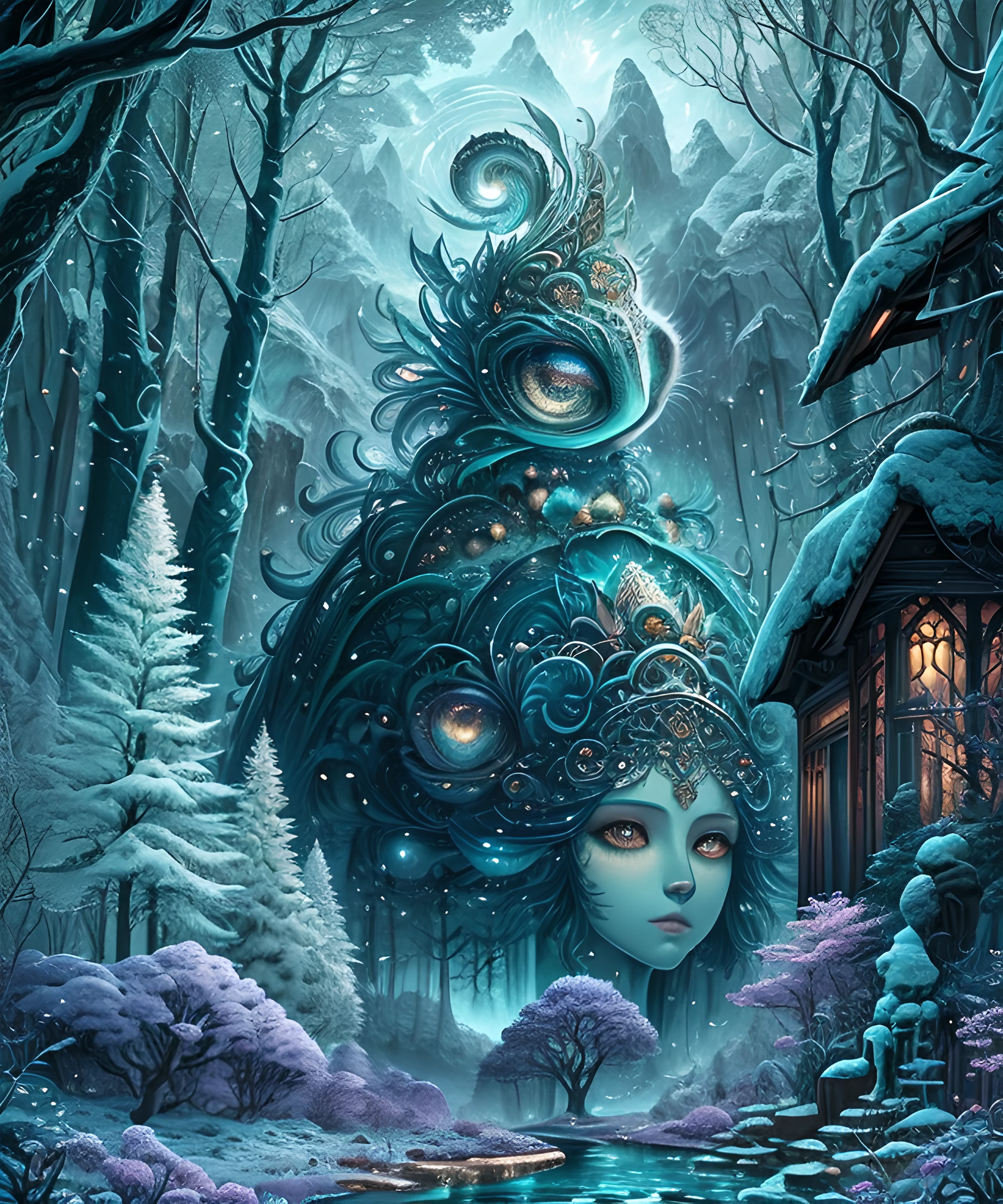 (masterpiece), best surreal masterpiece, top quality, best quality, official art, beautiful and aesthetic:1.2) , green skin godess and god ,children ,extreme detailed,colorful,highest detailed, official art, unity 8k wallpaper, ultra detailed, beautiful and aesthetic, beautiful,fractal art, mystical and otherworldly, with intricate fur and piercing eyes, in the breathtaking mountain landscape of NCWinters.