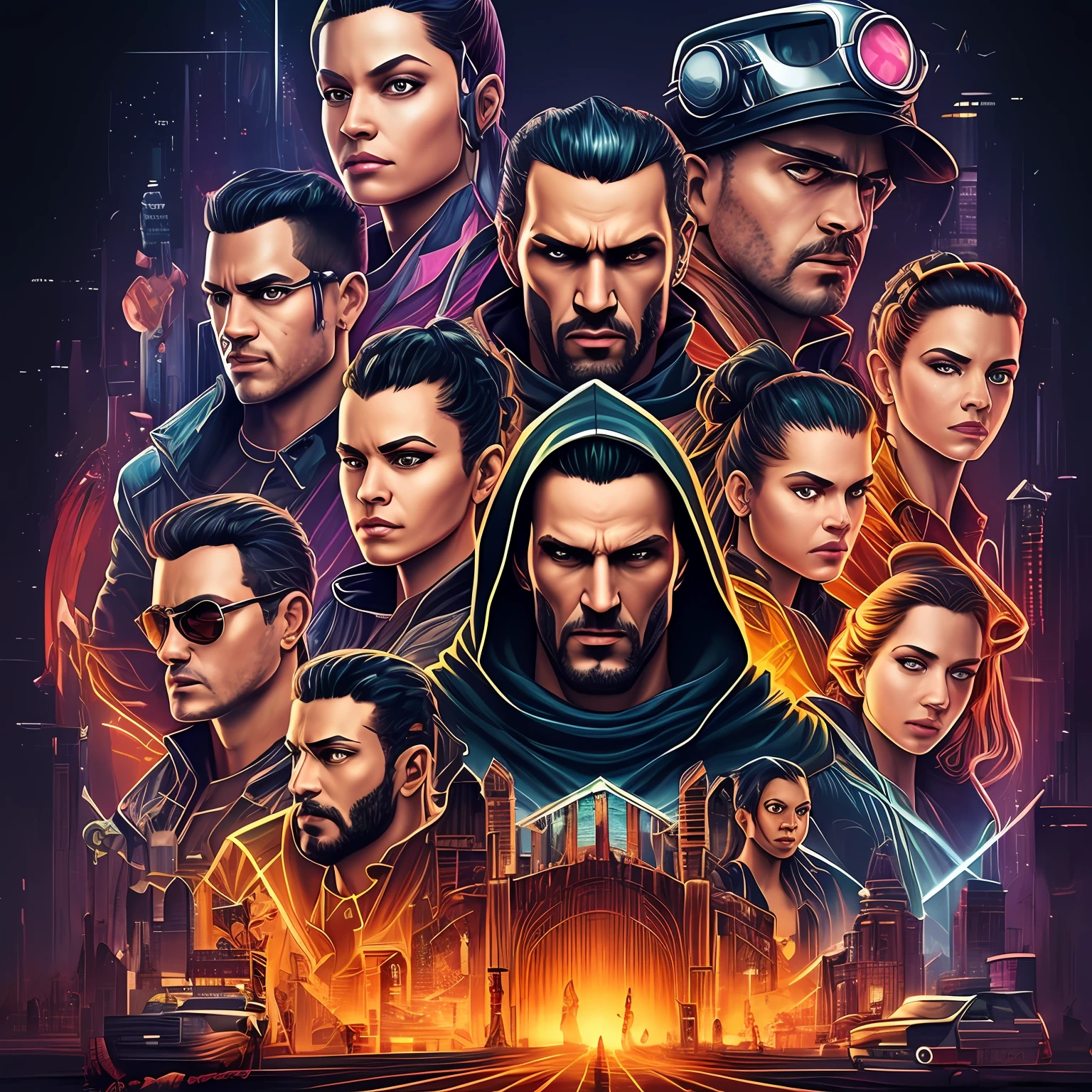 arte para camiseta, 2D, ((fundo preto :1, 5)), vetor, cores vivas, personagens da roupa cyberpunk, diversidade de racas, obra-prima, melhor qualidade, detalhes intrincados, perfect symmetrical face, detalhes realistas, gothic theme, luz da borda, luar, cinematic shading, Greg Rutkowisk