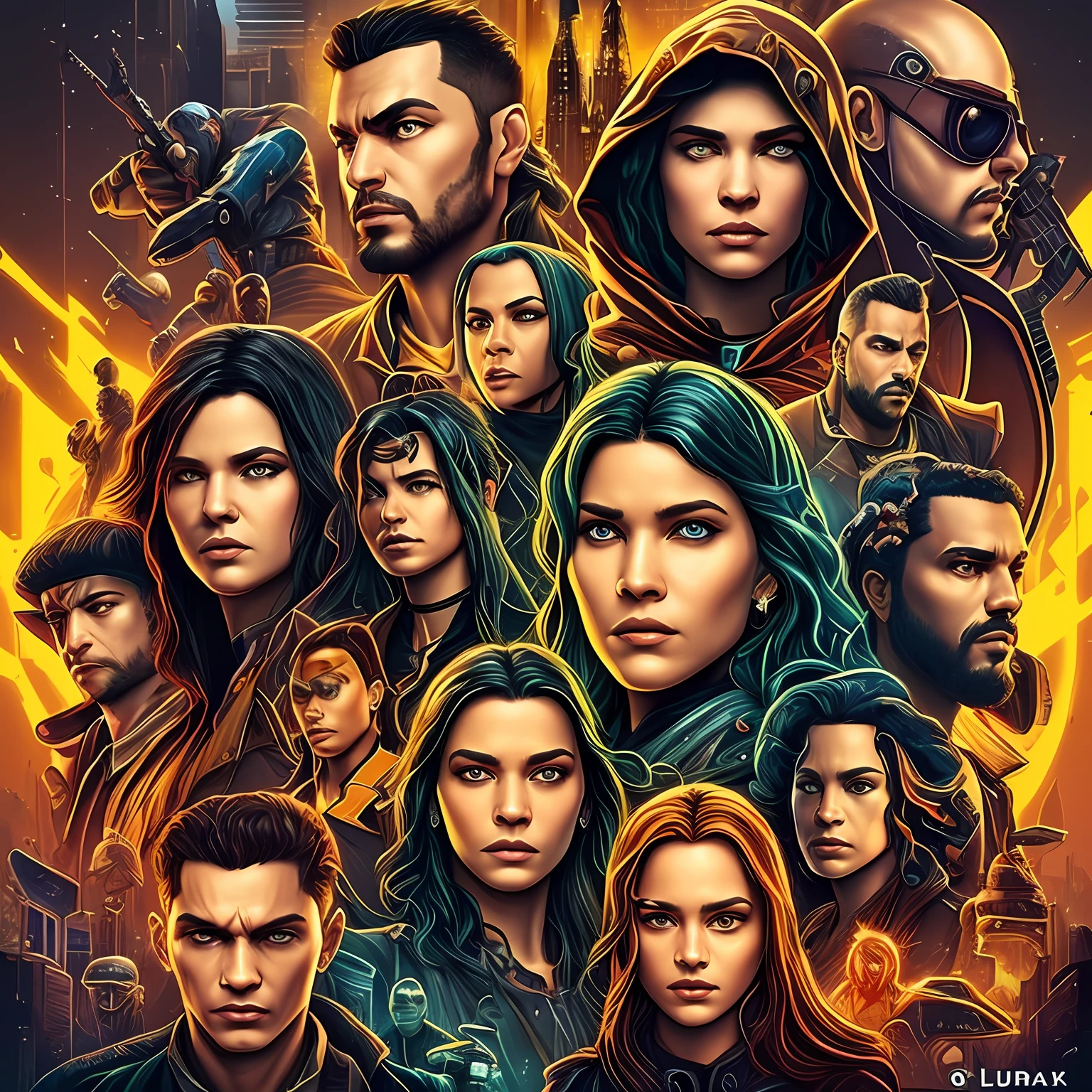 arte para camiseta, 2D, ((fundo preto :1, 5)), vetor, cores vivas, personagens da roupa cyberpunk, diversidade de racas, obra-prima, melhor qualidade, detalhes intrincados, perfect symmetrical face, detalhes realistas, gothic theme, luz da borda, luar, cinematic shading, Greg Rutkowisk