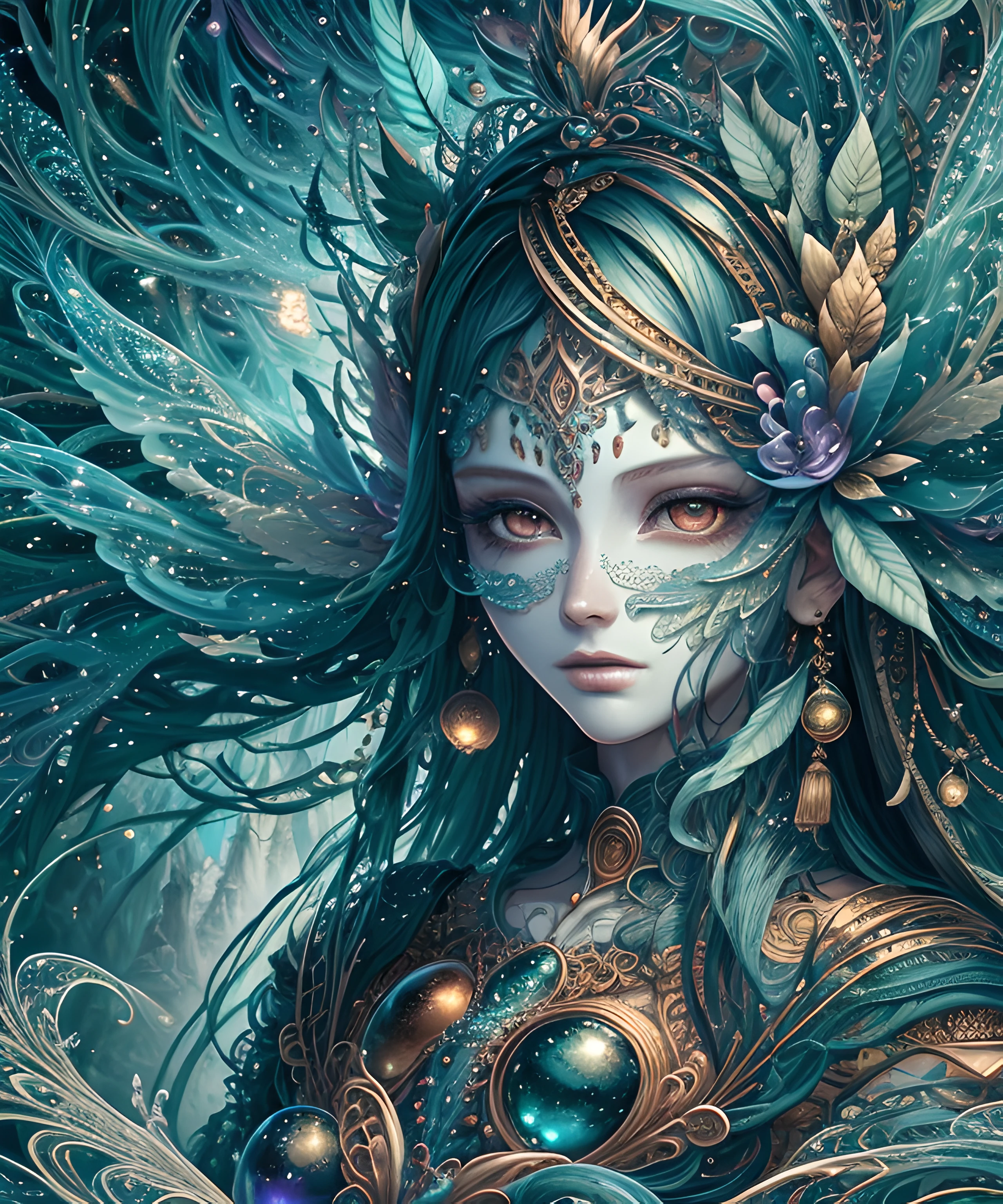 (masterpiece), best surreal masterpiece, top quality, best quality, official art, beautiful and aesthetic:1.2) , green skin godess and god ,children ,extreme detailed,colorful,highest detailed, official art, unity 8k wallpaper, ultra detailed, beautiful and aesthetic, beautiful,fractal art, mystical and otherworldly, with intricate fur and piercing eyes, in the breathtaking mountain landscape of NCWinters.