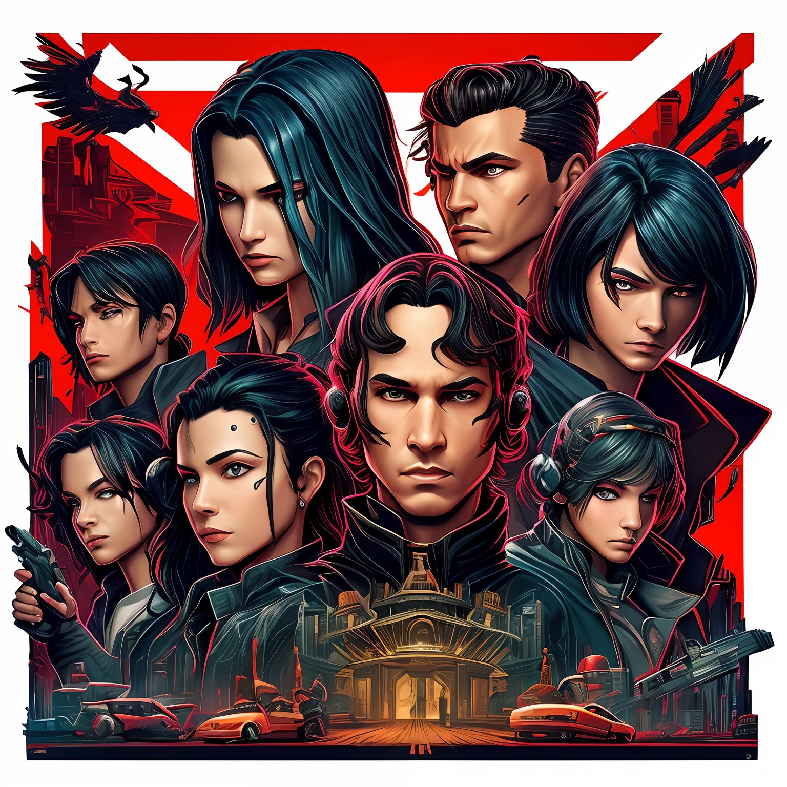 arte para camiseta, 2D, ((fundo preto :1, 5)), vetor, cores vivas, personagens da roupa cyberpunk, diversidade de racas, obra-prima, melhor qualidade, detalhes intrincados, perfect symmetrical face, detalhes realistas, gothic theme, luz da borda, luar, cinematic shading, Greg Rutkowisk