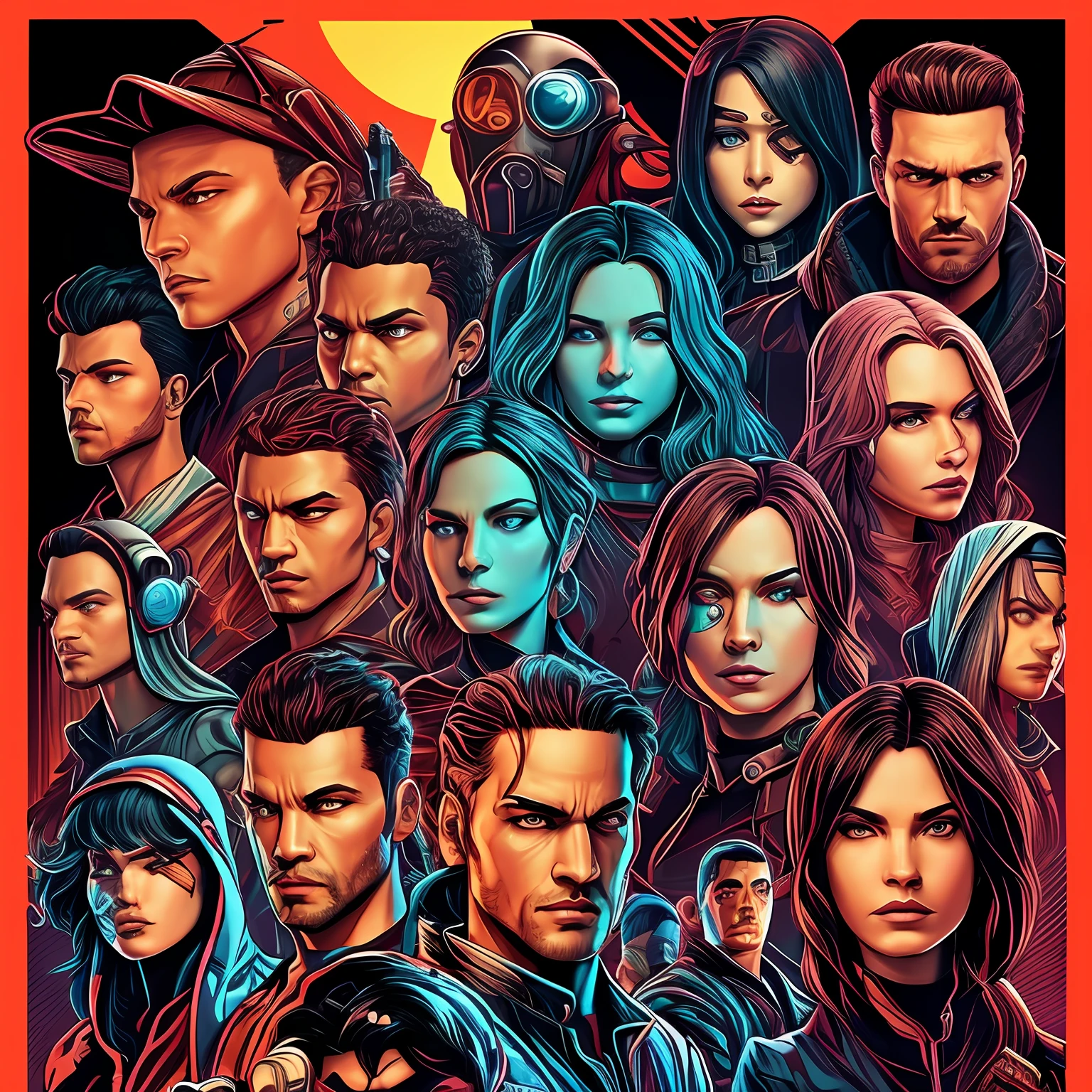 arte para camiseta, 2D, ((fundo preto :1, 5)), vetor, cores vivas, personagens da roupa cyberpunk, diversidade de racas, obra-prima, melhor qualidade, detalhes intrincados, perfect symmetrical face, detalhes realistas, gothic theme, luz da borda, luar, cinematic shading, Greg Rutkowisk