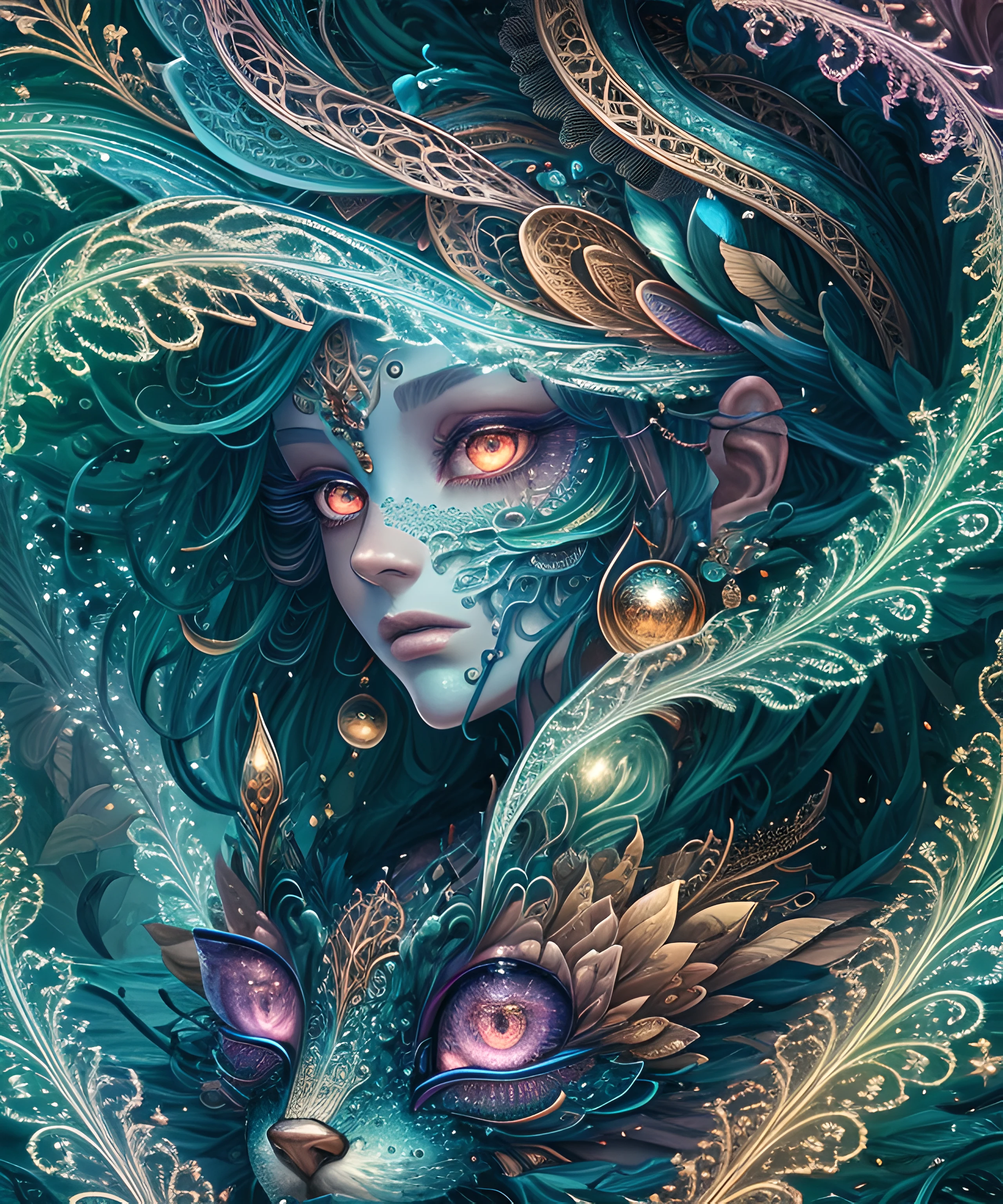 (masterpiece), best surreal masterpiece, top quality, best quality, official art, beautiful and aesthetic:1.2) , green skin godess and god ,children ,extreme detailed,colorful,highest detailed, official art, unity 8k wallpaper, ultra detailed, beautiful and aesthetic, beautiful,fractal art, mystical and otherworldly, with intricate fur and piercing eyes, in the breathtaking mountain landscape of NCWinters.