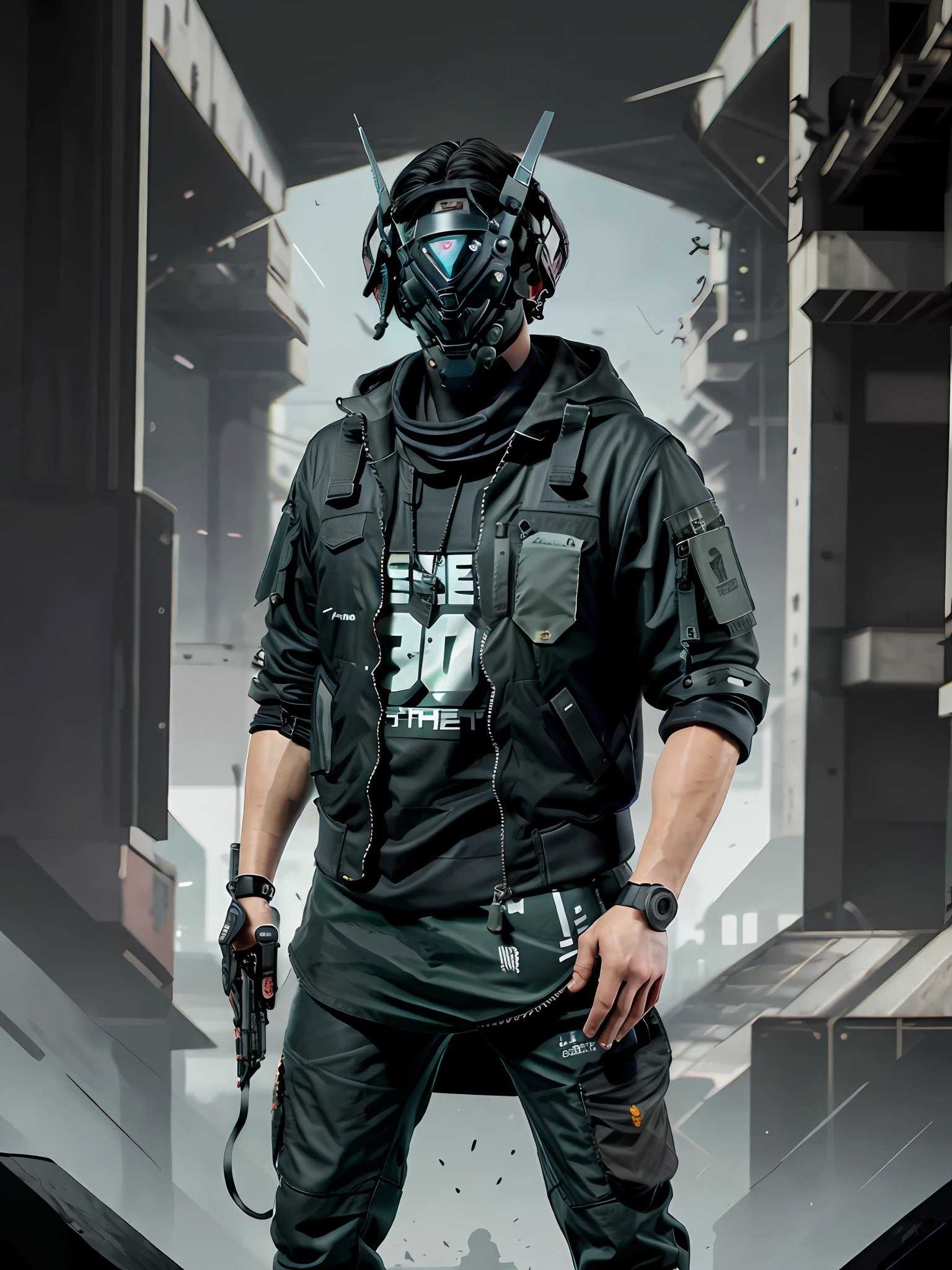 Un primer plano de una persona con una pistola y una chaqueta, Techwear Ocultista, Juguetes ThreeA, spec - ops head with mask, vestimenta: golpe, Vestido con chaleco antibalas negro, Uniforme blindado negro, dystopian sci-fi character, Techwear cyberpunk, Spec - Jefe de operaciones, Traje sigiloso, Vestido con una armadura furtiva, Soldado cyberpunk, b)