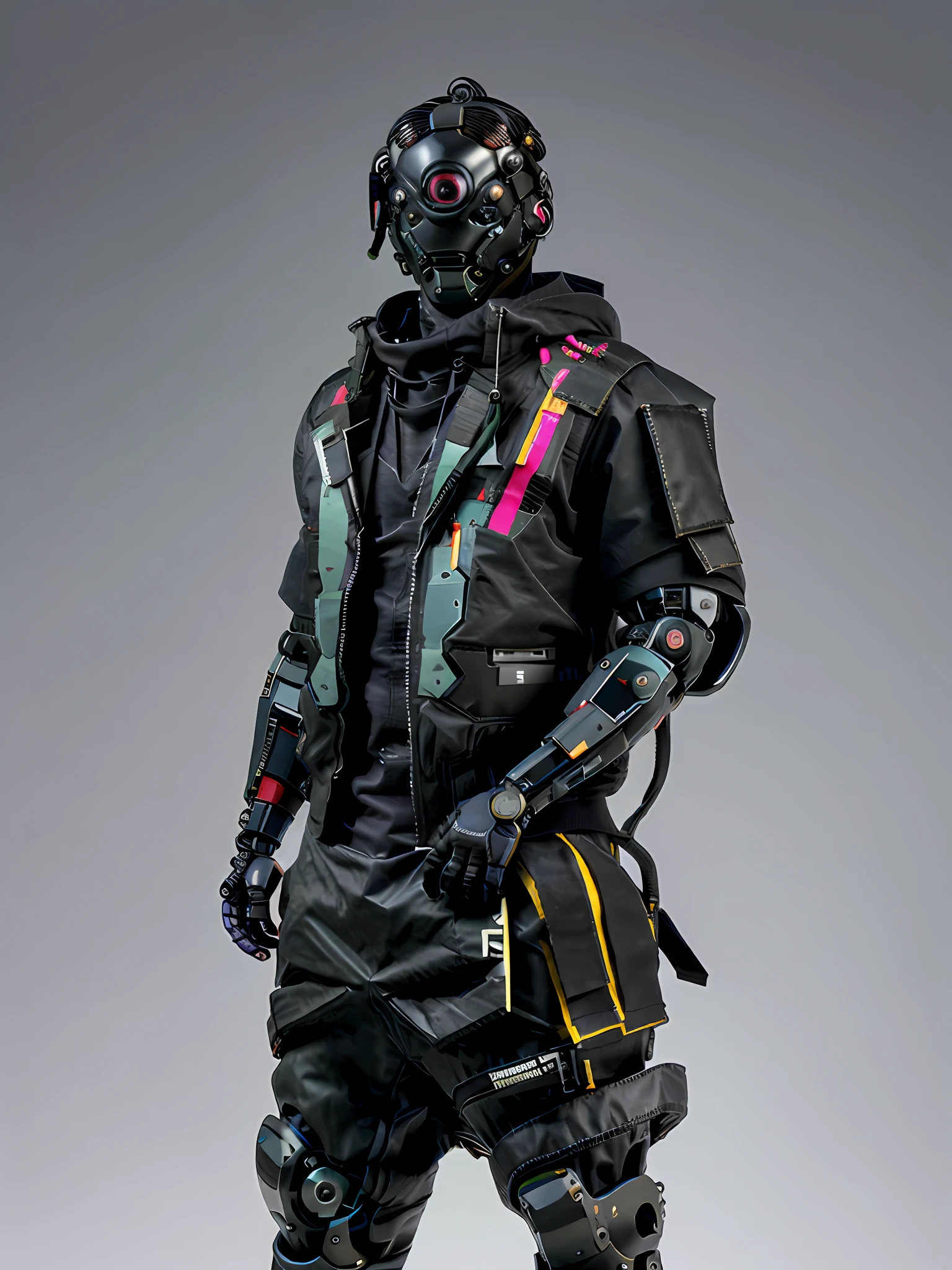 Un primer plano de una persona con una pistola y una chaqueta, Techwear Ocultista, Juguetes ThreeA, spec - ops head with mask, vestimenta: golpe, Vestido con chaleco antibalas negro, Uniforme blindado negro, brazos roboticos, cyborg, agressive, minimalisto, intrincate, dystopian sci-fi character, Techwear cyberpunk, Spec - Jefe de operaciones, Traje sigiloso, Vestido con una armadura furtiva, Soldado cyberpunk, b)