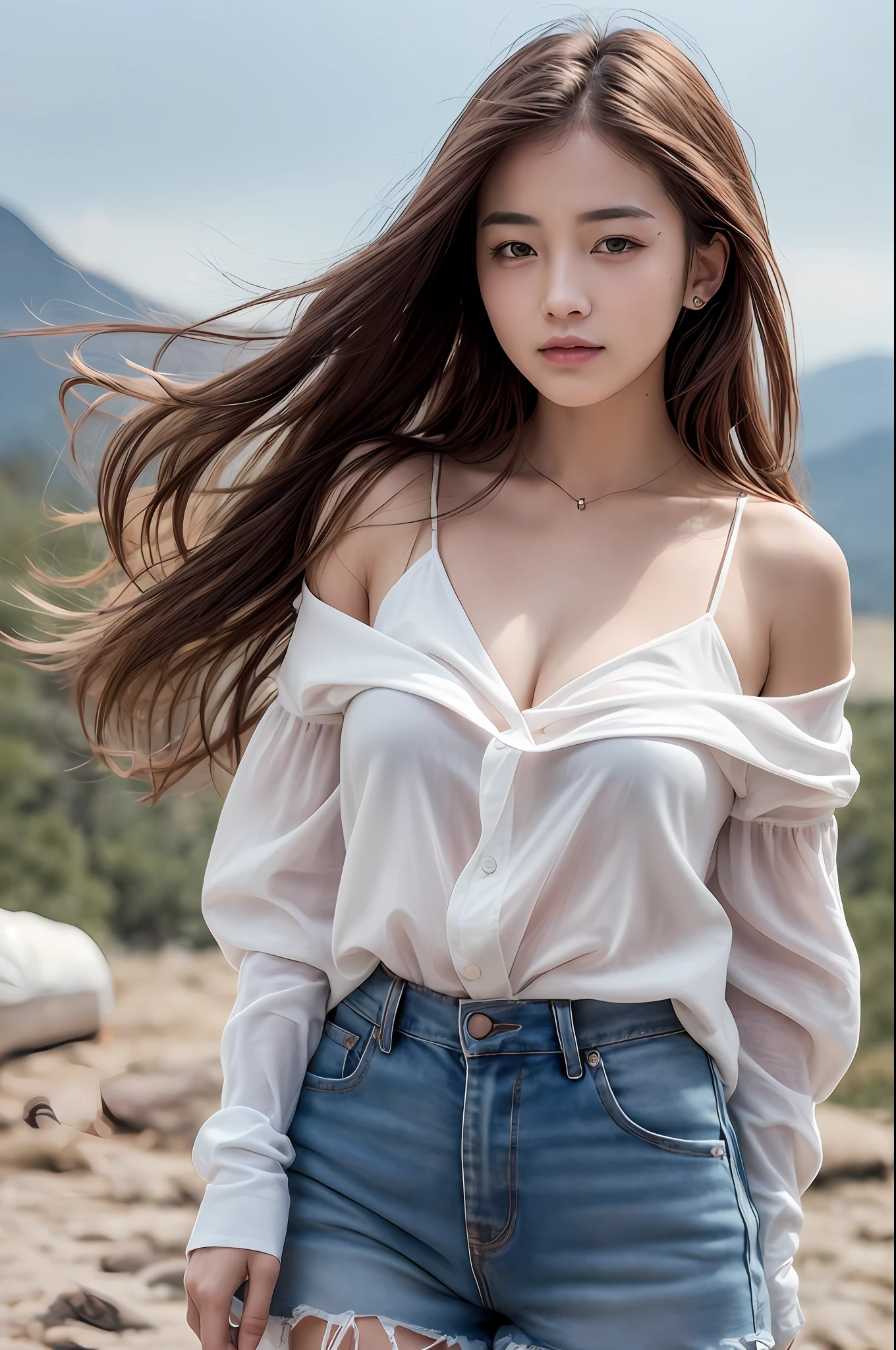 (( Realistic light, Best quality, 8k, Masterpiece :1.3)), 1girl, small mole under eyes, smile, closed eyes, small moles on the breast, Pretty woman with slender figure :1.4, abs :1.1, korean, pale-skined, (floatingwavy silk-brown hair, floating hair by wind, medium_breasts :1), (deep_cleavage), white offshoulder shirt:1.2, long sleeves wet by wind, (sweaty skin on breast:1), standing, night in the mountain, campfire light, Ultra-detailed face, Detailed eyes, Double eyelid, shiny skin, cowboy shot