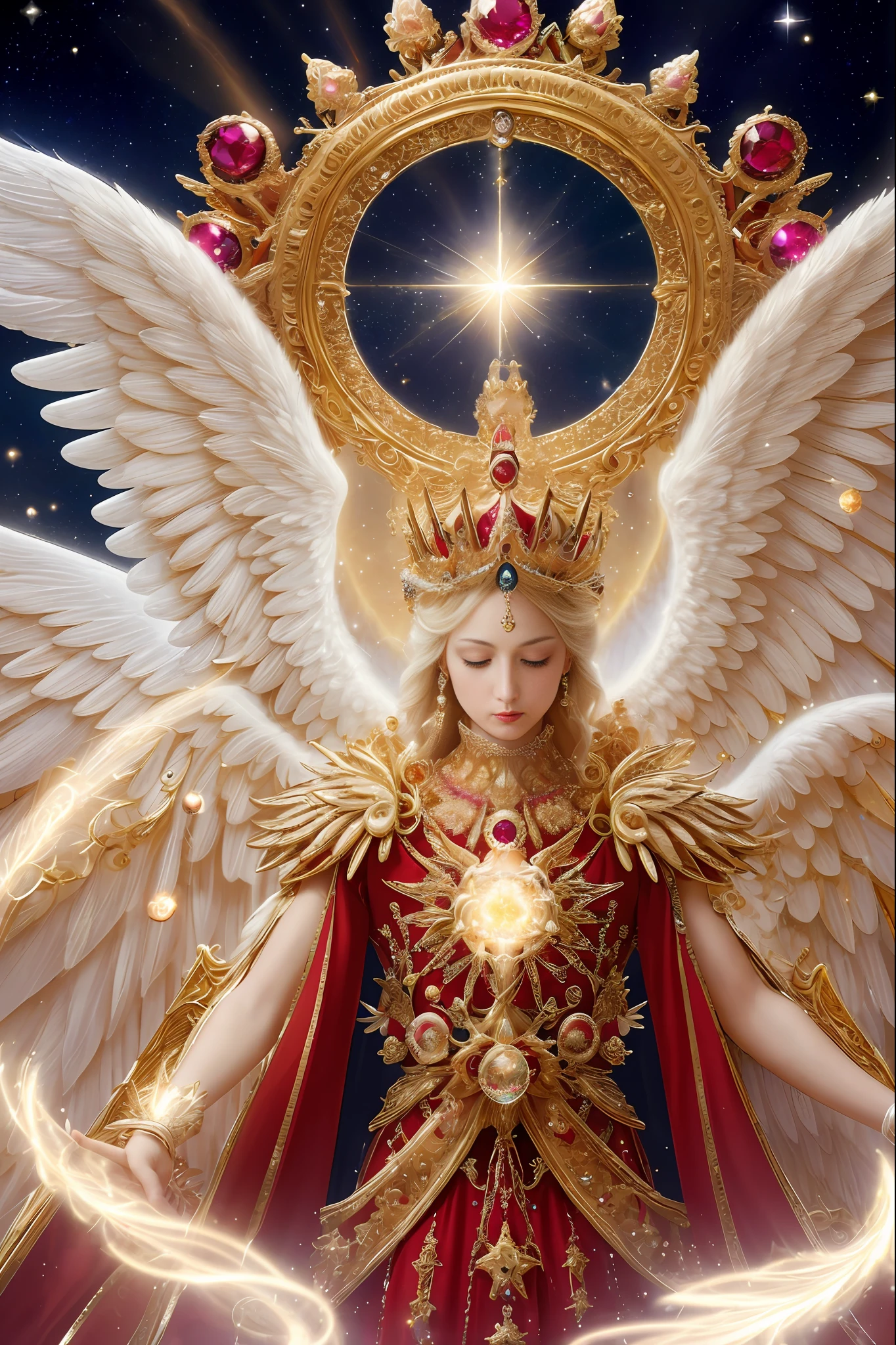 (masterpiece), (best quality:1.4), absurdres, [:intricate details:0.2], angel, angel wings, milky way, sky, shimmering aura, intense focus, crackling energy, mysterious symbols, sparkling motes,