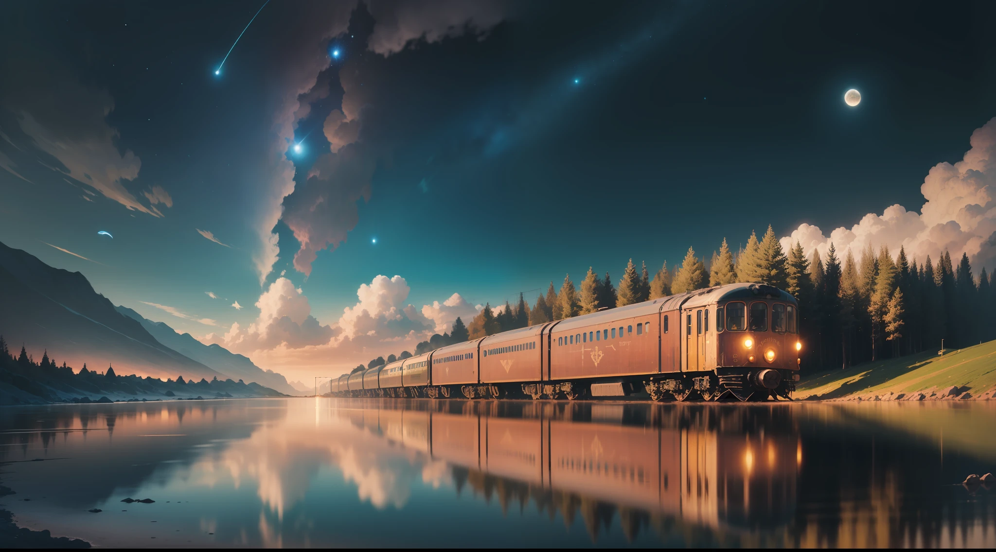 (train, running on water, misteryous, steampunk style, surrealism, masterpiece),train track, stars, cosmos, high details, artistic, contrast,shadows, gorgeous, old, cinematic, high details, BREAK planet on sky, symetric, gorgeous,, perfect, depth, windy, happy, freedom, magicle, impossible, traced lights,