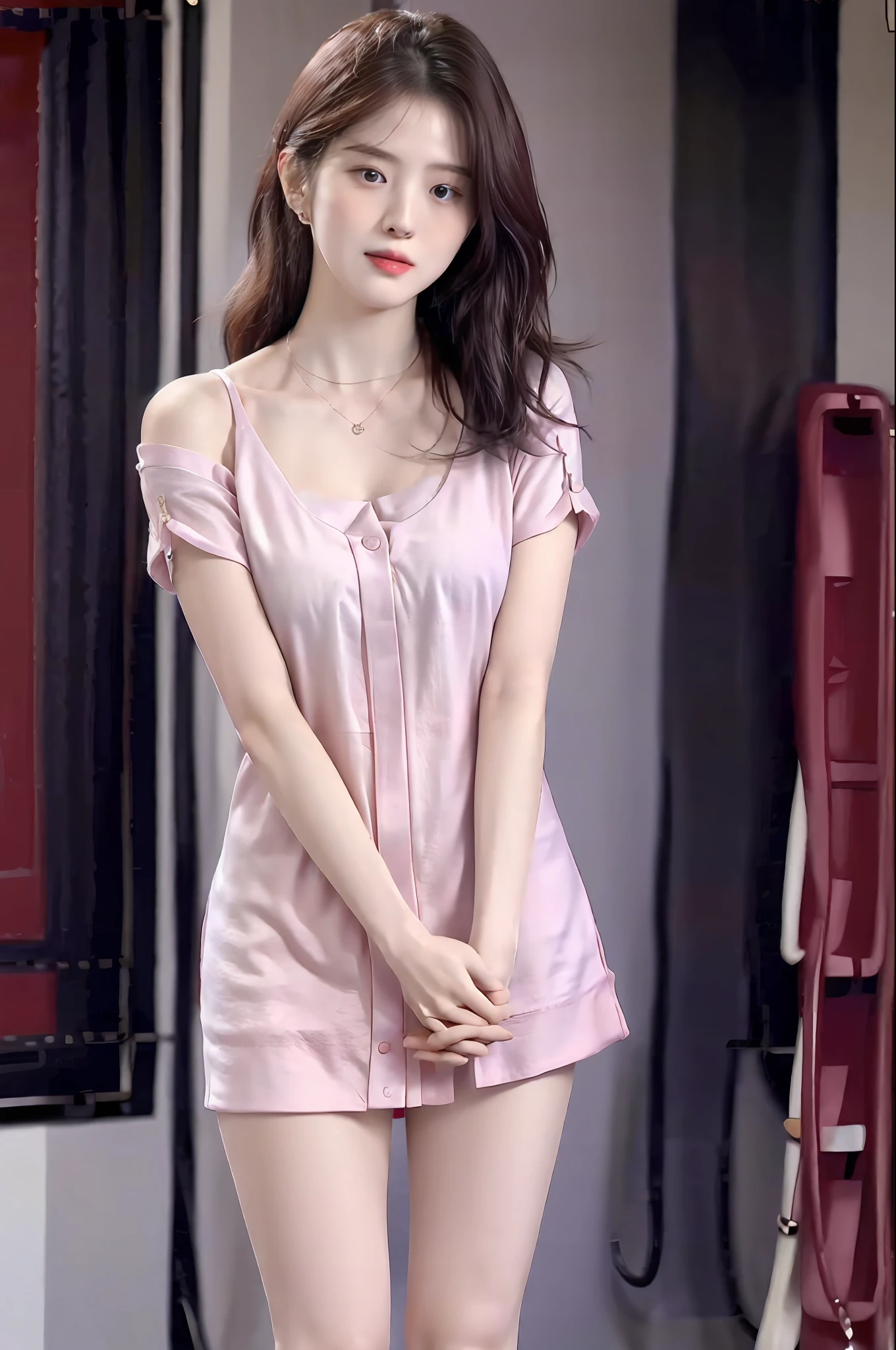 realisticlying,8K,Ultra Realistic Detail,Sharp focus,Delicate skin,(Outside,Usually comfortable in soft lighting),(Purple miniskirt,Pink lingerie,red heels,statement necklace),Extremely detailed face and eyes,(Large breasts),Wear white stockings,Long white curly hair,are standing