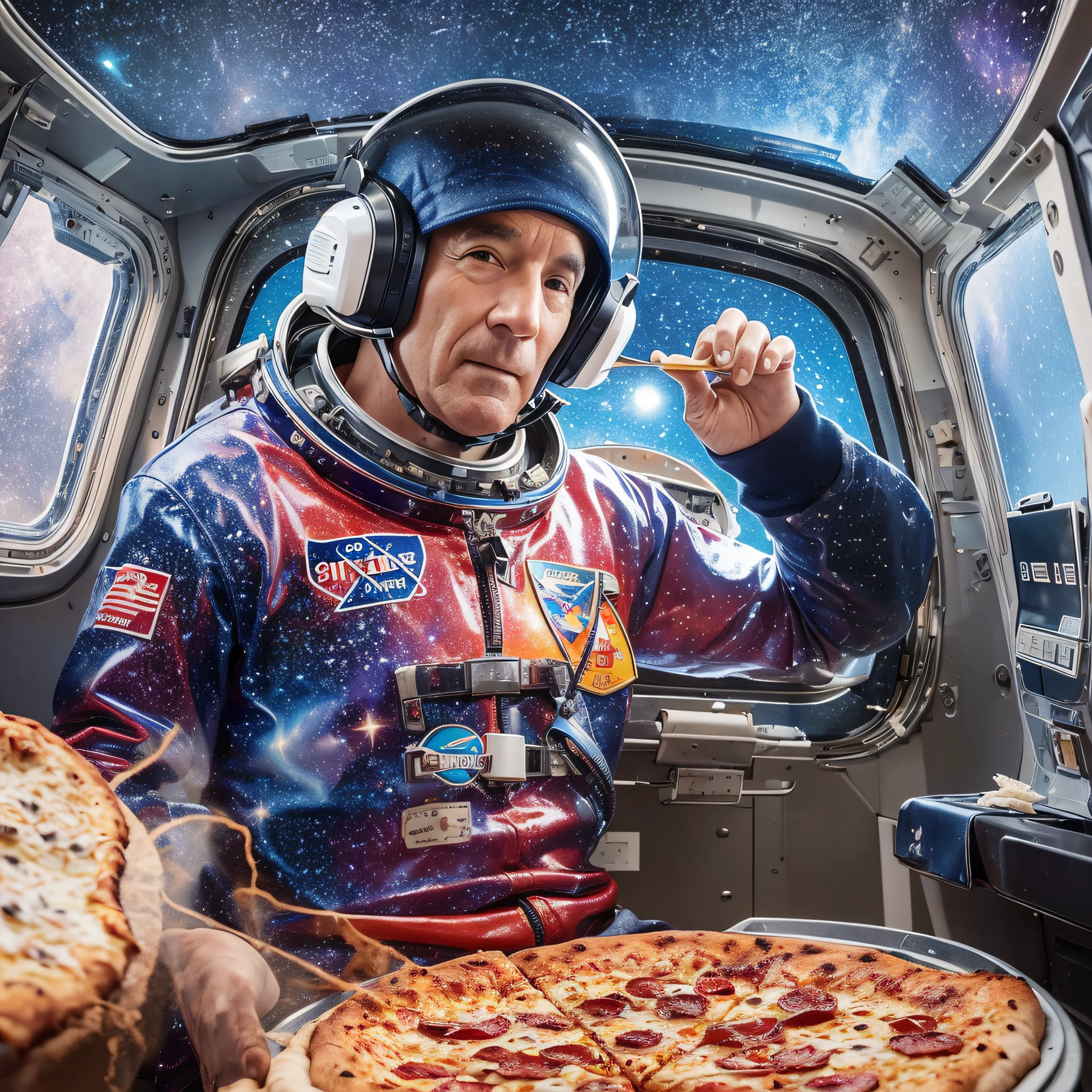 With a 60-year-old astronaut eating a slice of pizza, and a Coke, he's inside a spaceship with a galaxy background.