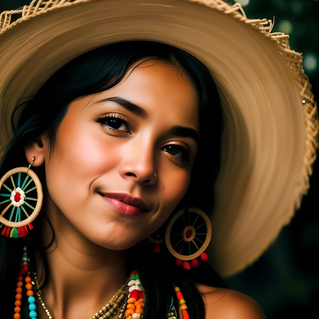 sul-americana, Woman of the Brazilian Indian Tribe, retrato, Amazon, filmagem dos anos 90, , luz do dia, video quality, filmagem lavada, filmagem encontrada, Useful camera,, festa techno, psy trance, psicodelic, aya huasca, guerrilha, selva, betamax, dslr, gentle illumination, alta qualidade, grain of film, Fujifilm XT3, yanomami, olhos abertos, olhar penetrante, busto amostra, desenho tribal na face.