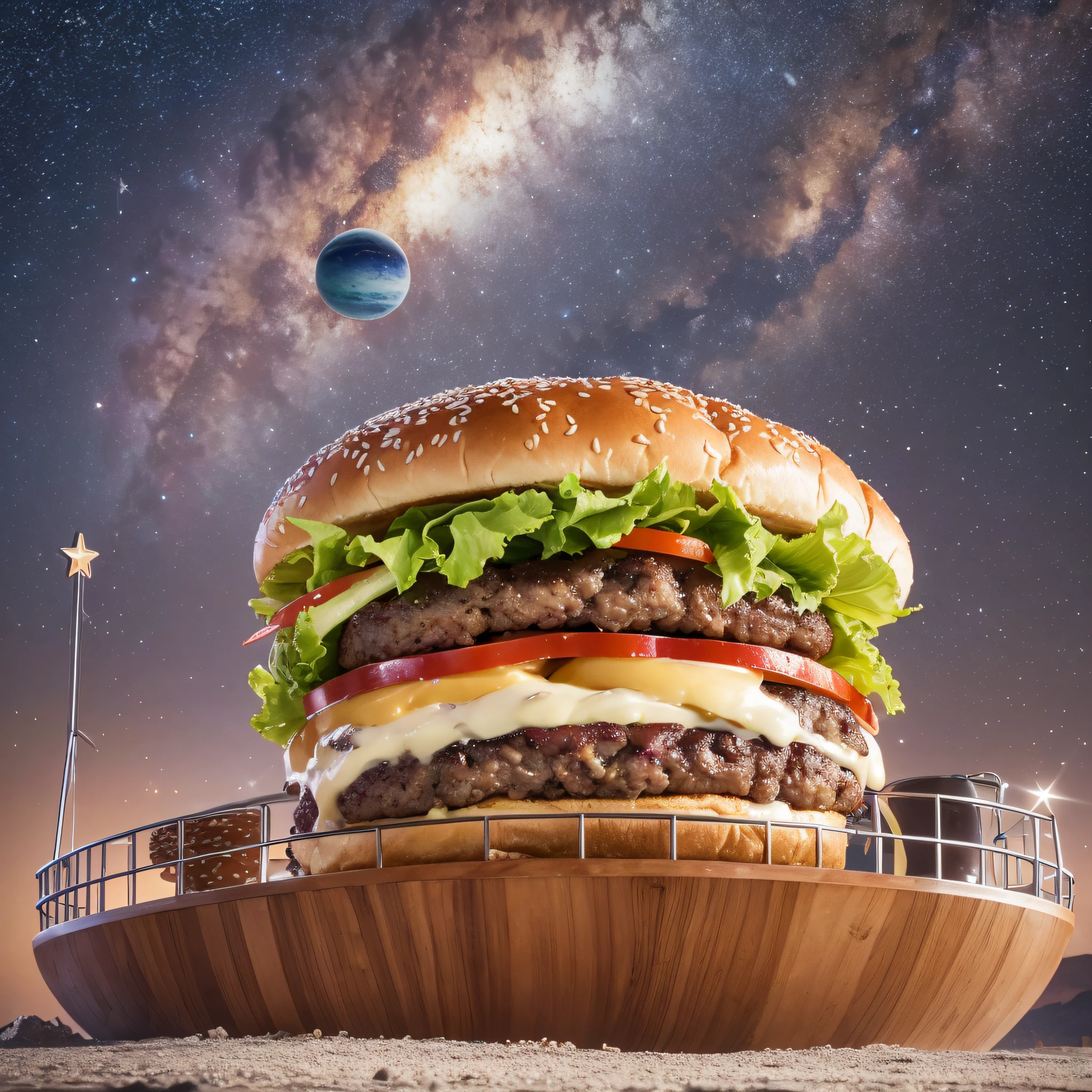 a large burger in his mouth, he is inside a ship traveling to the galaxies, with background with stars and planets