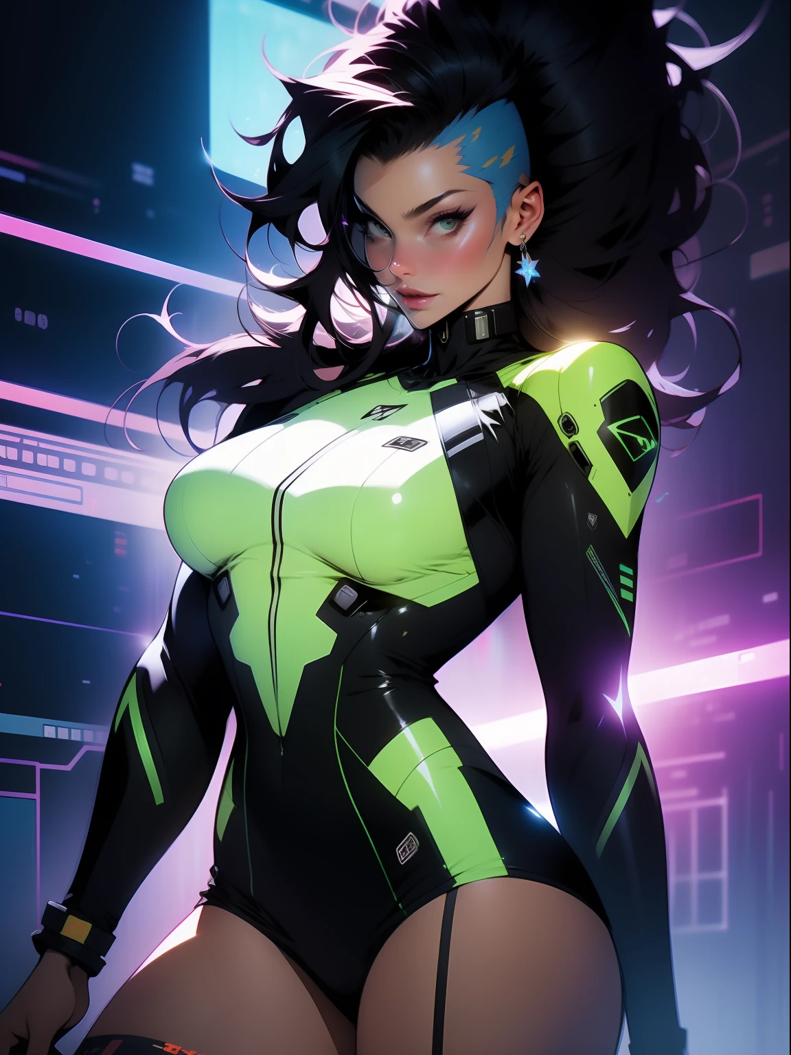 ((Best quality)), ((masterpiece)), (detailed: 1.4), (Nonsense), Tank pilot woman ready for war, shiny skin, perfect body, defined muscles, half thick bare thighs, closed mouth, only in panties, include stars in clothing, muscular body covered by technological clothing, Neon Genesis Evangelion style and Honor Impact, cyberpunk, generous neckline, ((perfect large breasts)), (green eyes without pupils), ((clothing in the colors of the flag of Ukraine)), (((black Mohawk hair)))), (thin stripes covering the breasts), (Psychedelic tattoo on the arms), ((circuit drawings)), short underwear, garter belt, by mucha, niji --V5, close to real, psychopath, crazy face, sexy pose, background with a giant Gundam style robot head, 2 piece clothing, fractal shoulder pads, pastel, centralized, scale to fit dimensions, HDR (High Dynamic Range),Ray Tracing,NVIDIA RTX,Super-Resolution,Unreal 5,Subsurface dispersion, PBR texture, Post-processing, Anisotropic filtering, Depth of field, Maximum clarity and sharpness, Multilayer textures, Albedo and specular maps, Surface shading, Accurate simulation of light-material interaction, Perfect proportions, Octane Render, Two-tone lighting, Wide aperture, Low ISO, White Balance, Rule of Thirds, 8K RAW, crysisnanosuit